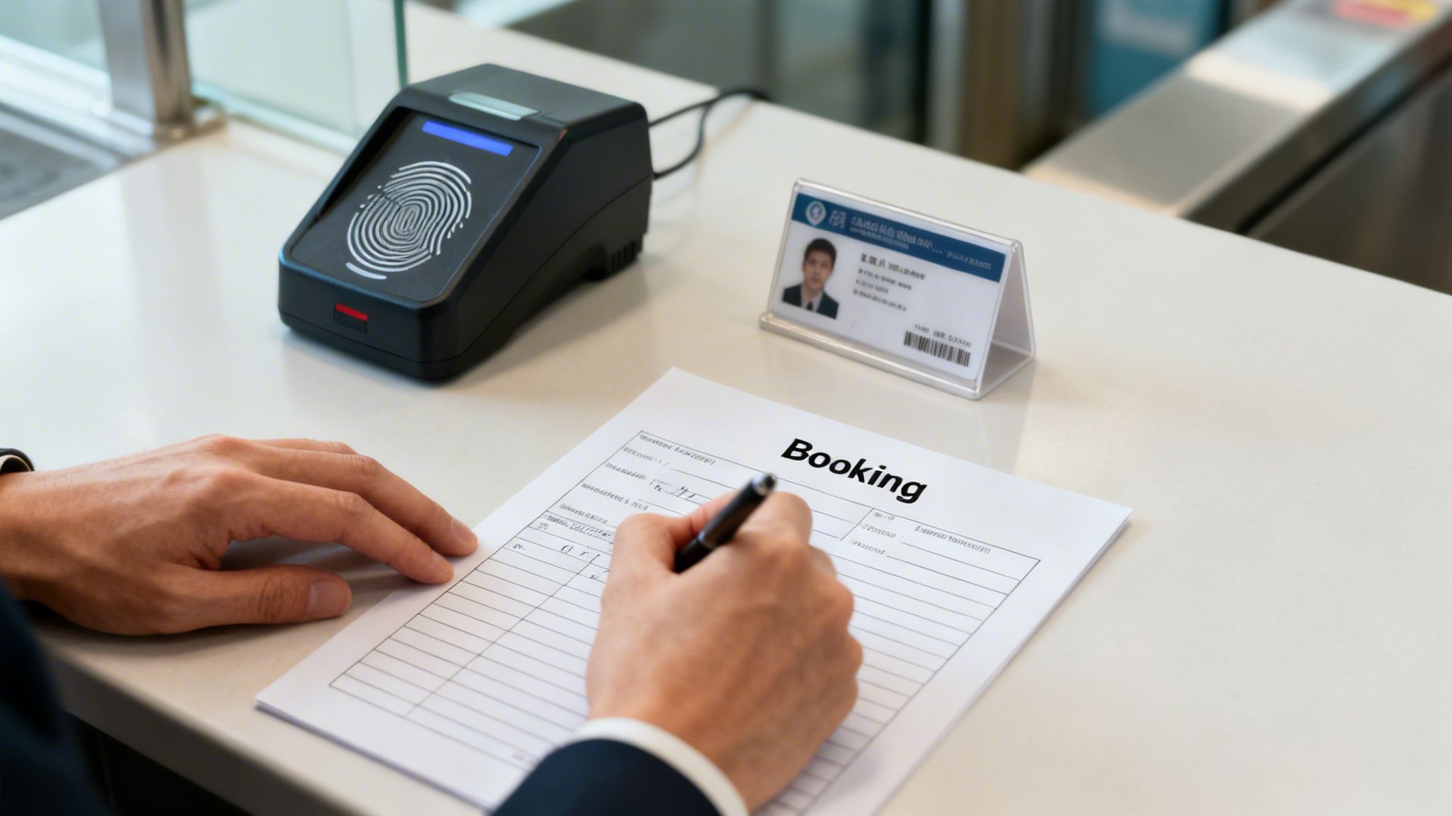 Person's hands filling out a booking form on a counter with a fingerprint scanner and ID card.