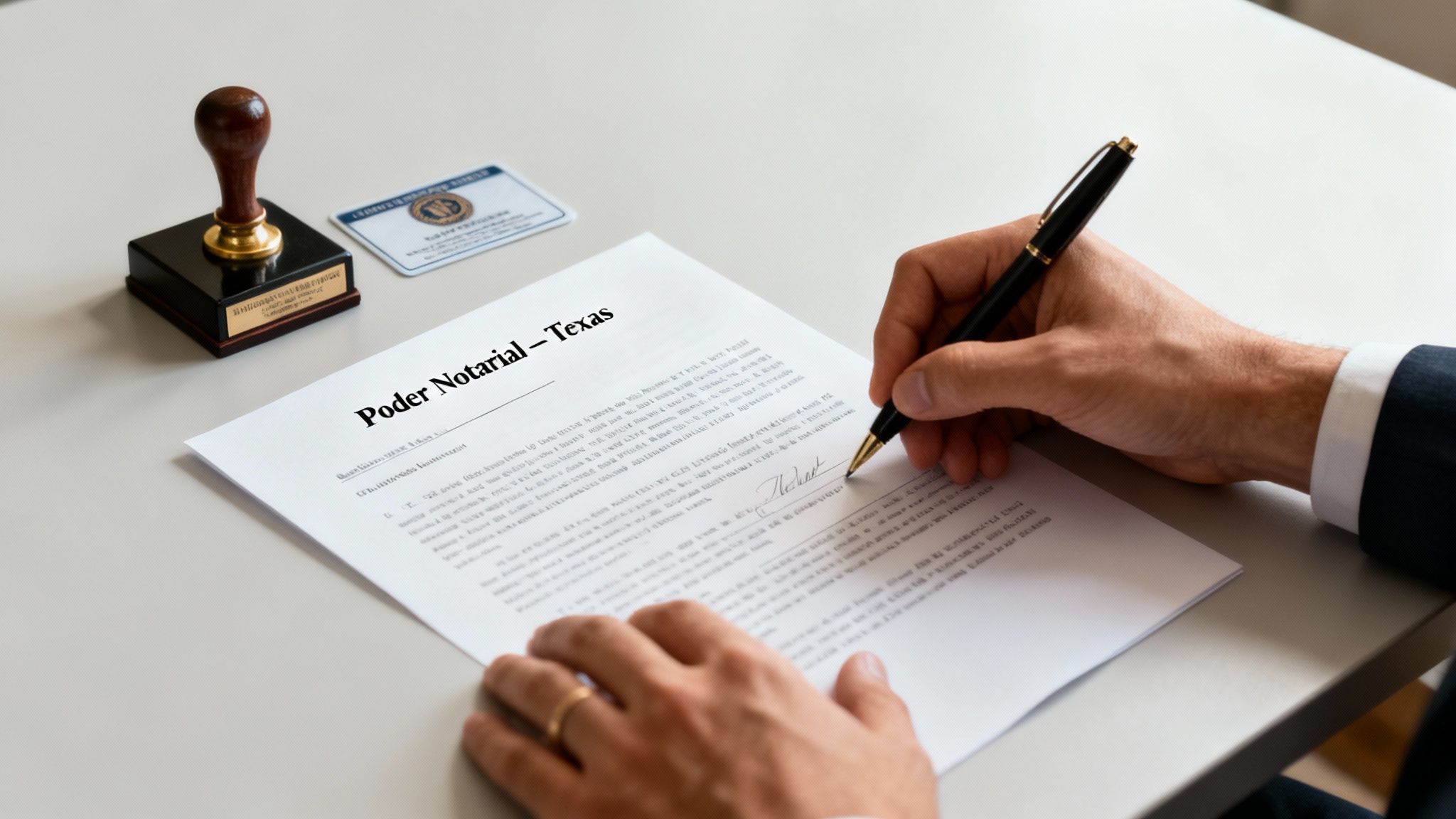 Un hombre firma un documento de Poder Notarial en Texas, con un sello notarial y una identificación en el escritorio.
