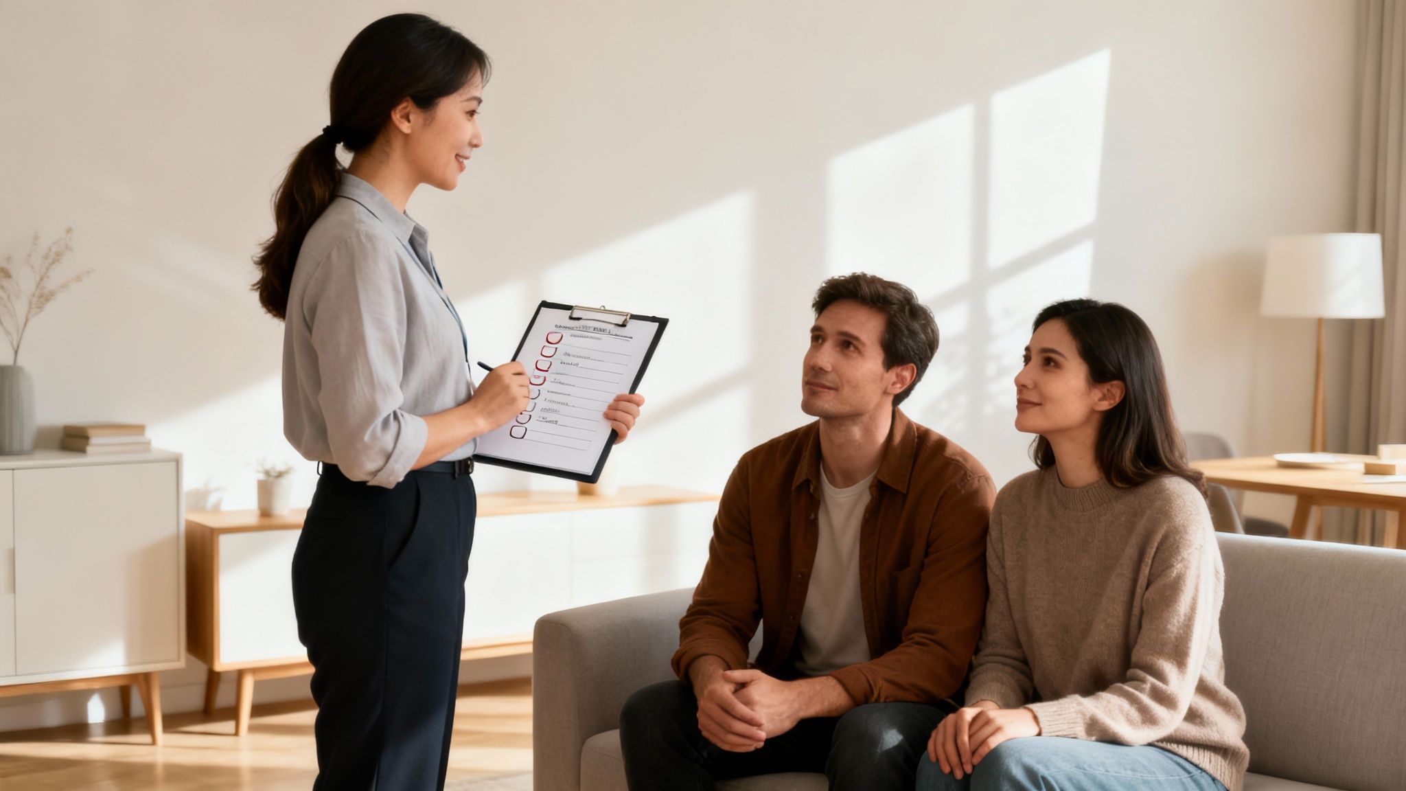 A professional woman explains documents on a clipboard to a hopeful couple in a bright room.