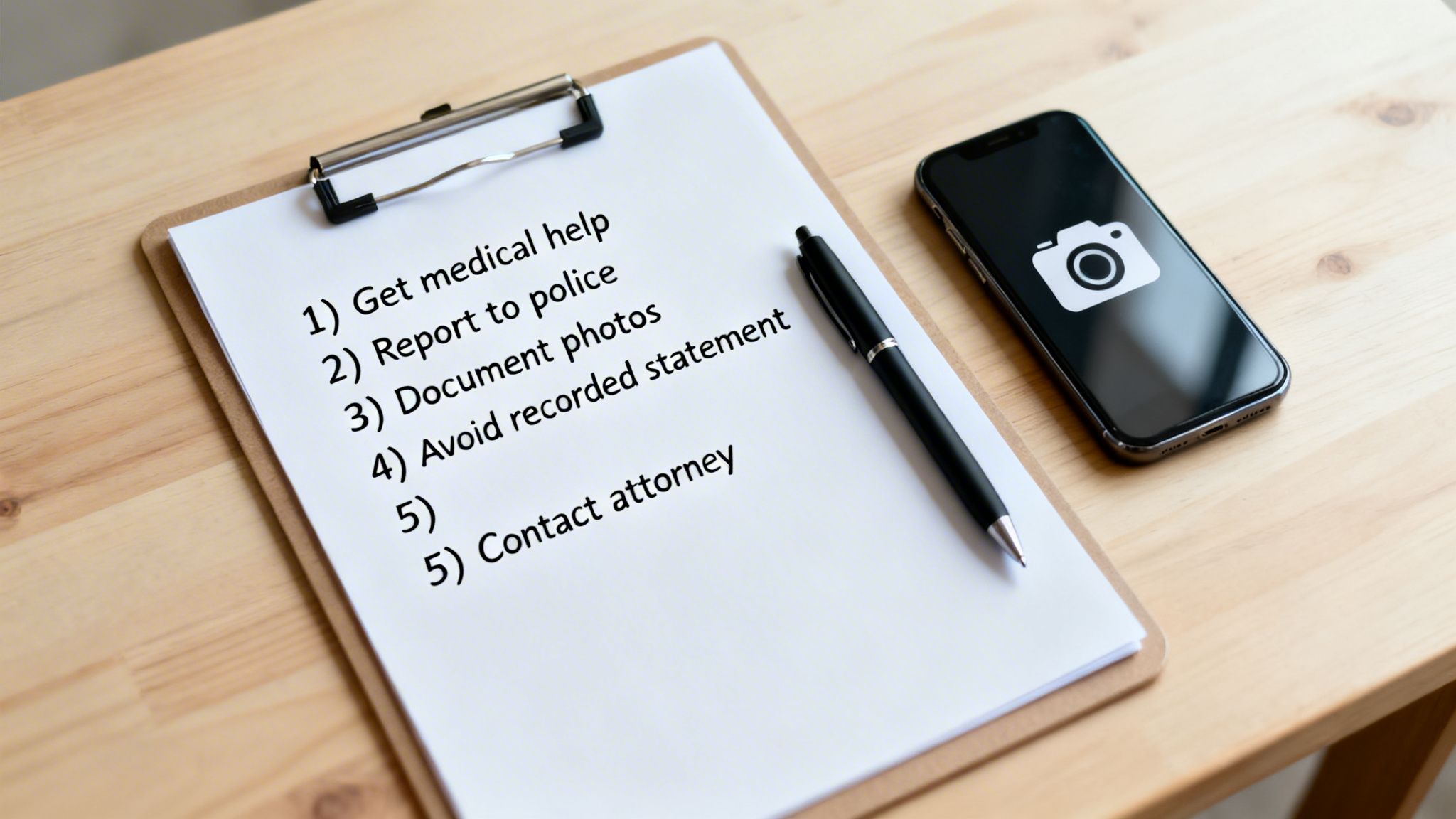 Clipboard with a checklist for incident response, including medical help, police, photos, and legal advice.
