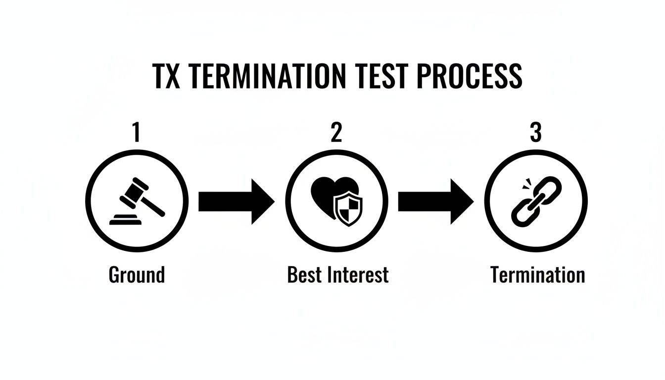 TX termination test process diagram illustrating three key steps: statutory ground, best interest of the child, and termination of parental rights.