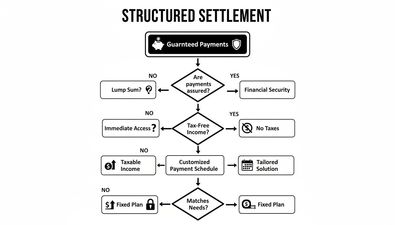 Flowchart outlining the features and benefits of a structured settlement, comparing it with other payment options.