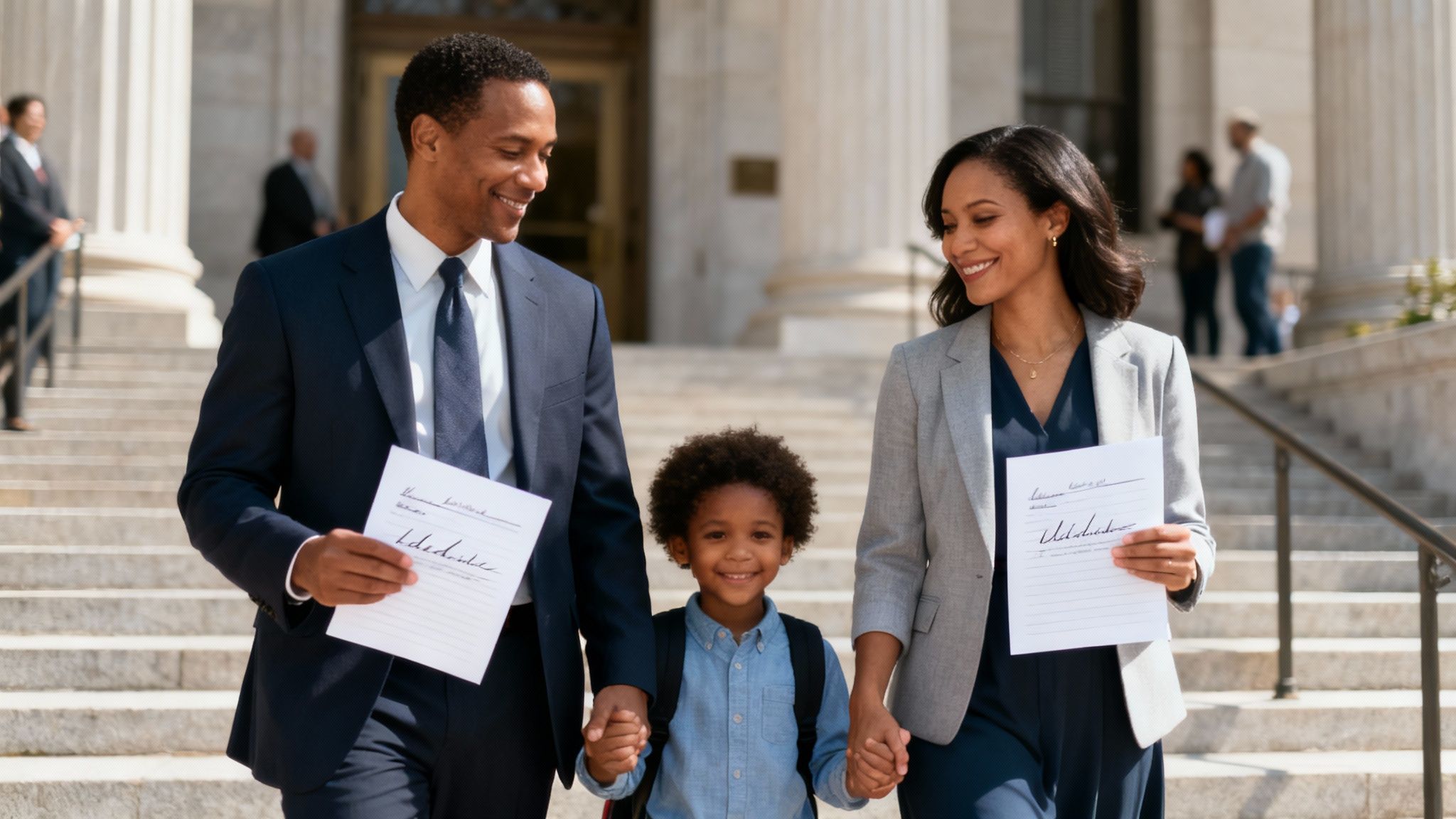 Family celebrating adoption finalization, holding legal documents, smiling outdoors, steps of courthouse, joyful atmosphere.