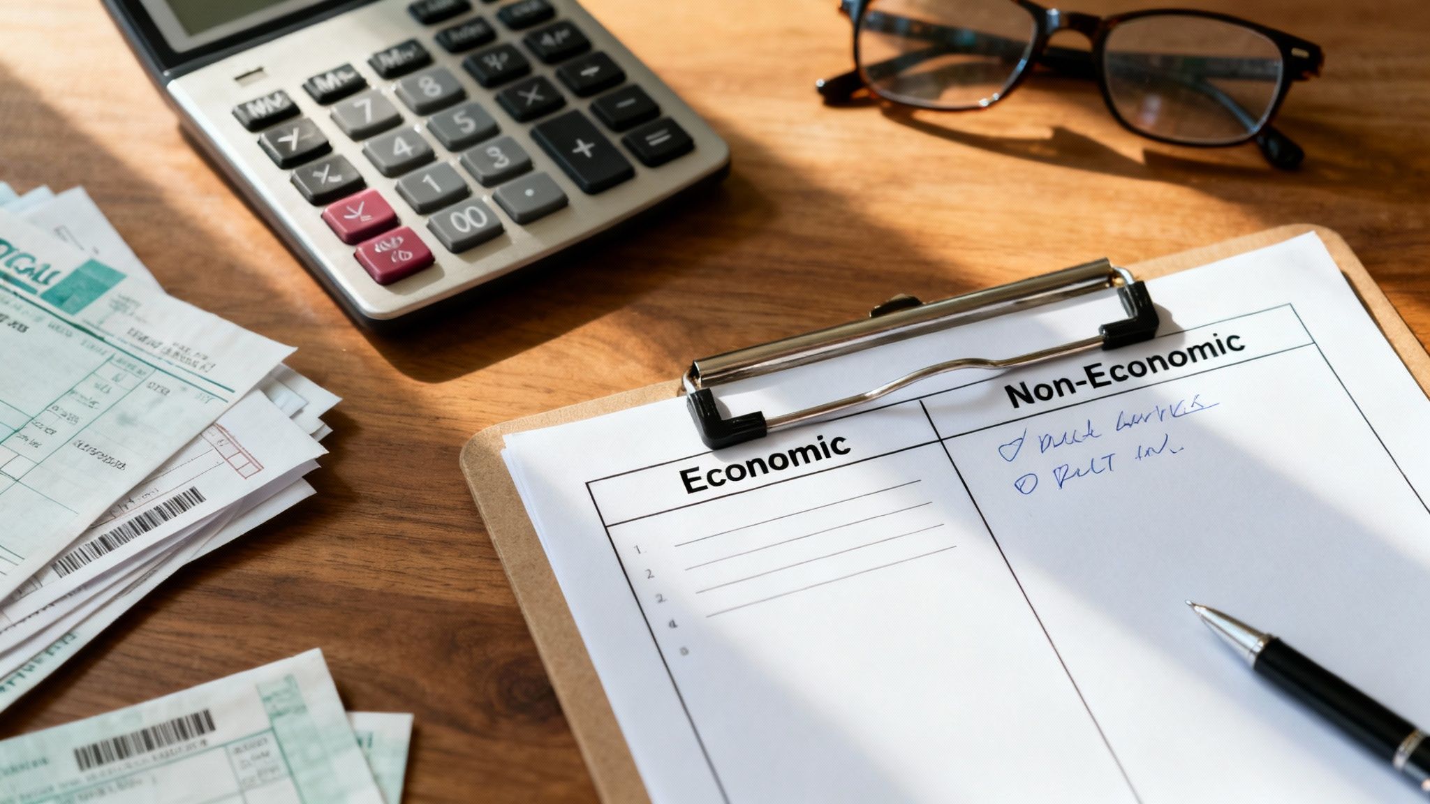 A desk with a calculator, papers, glasses, and a form for economic and non-economic classifications.