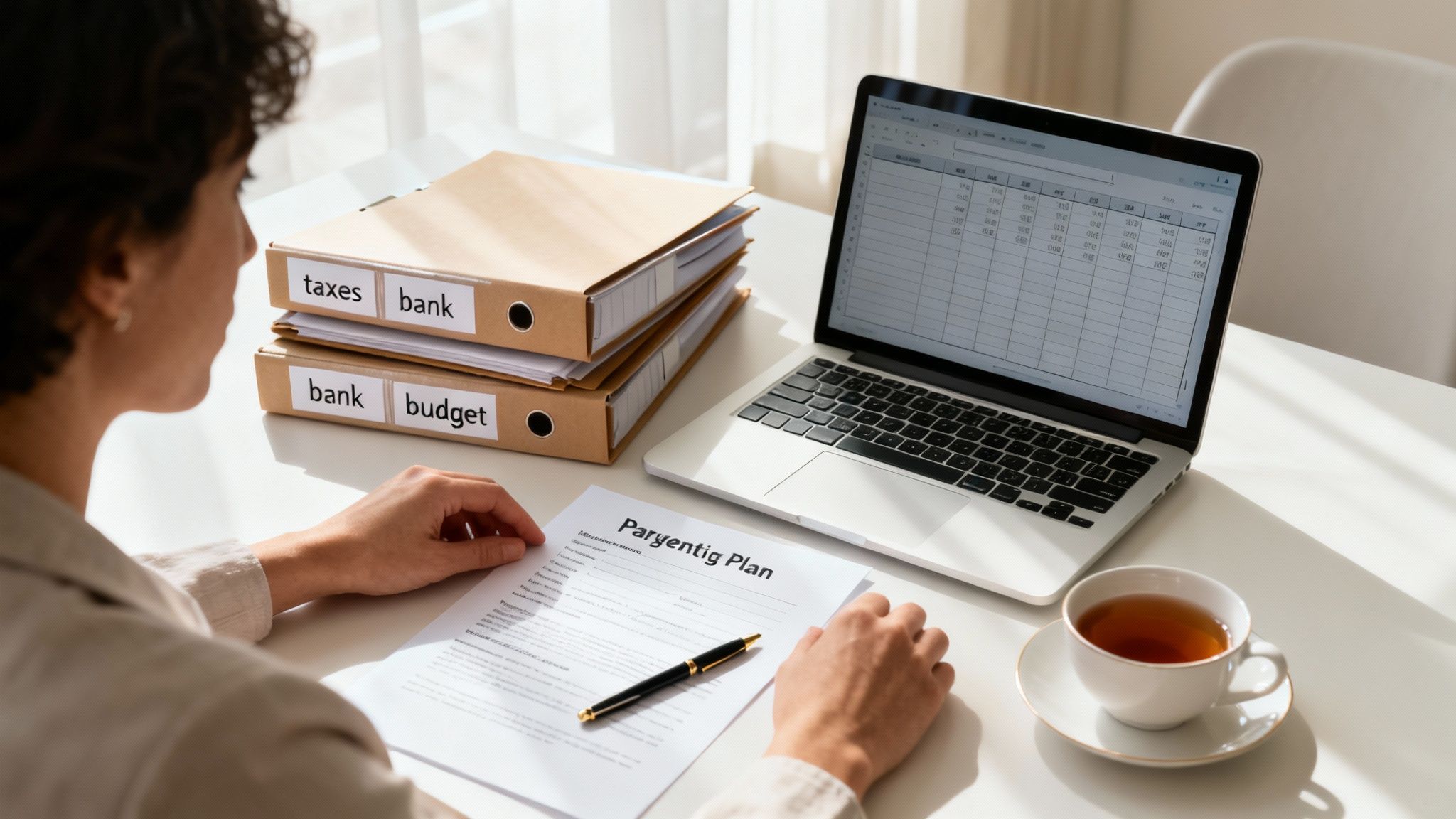 Person organizing financial documents, bank statements, and budget files while working on a laptop.