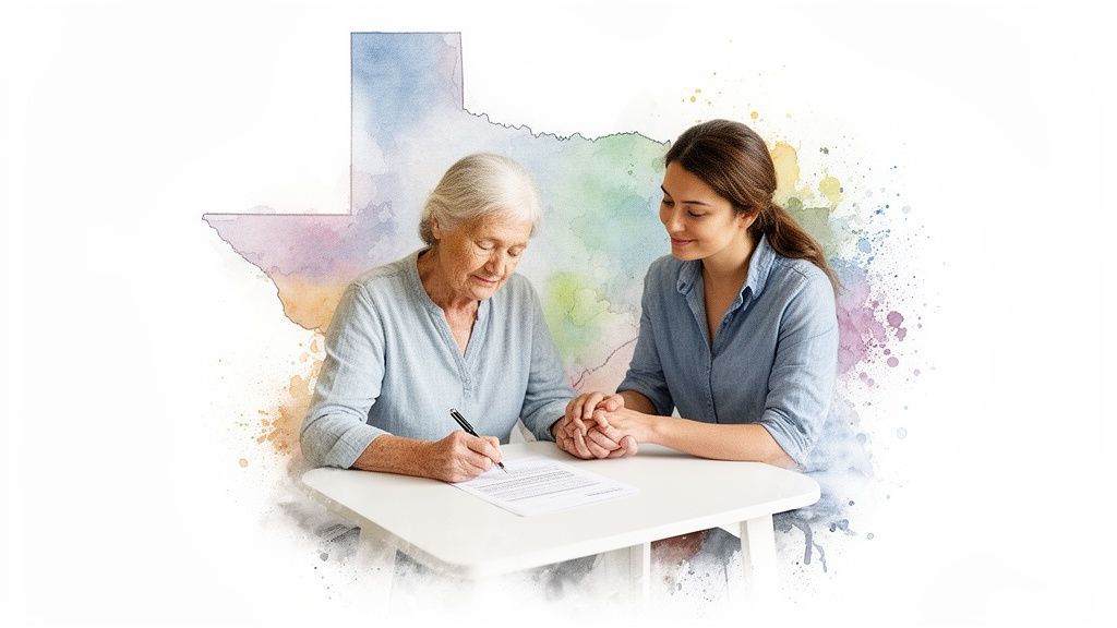 An older woman signs legal documents with a younger woman's support, against a Texas map.