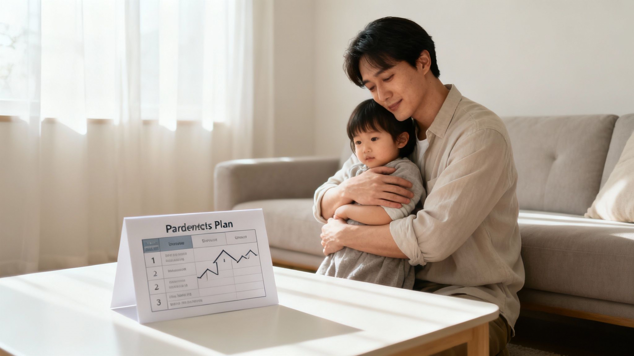 Padres sonrientes jugando con su hijo, demostrando una crianza compartida positiva.
