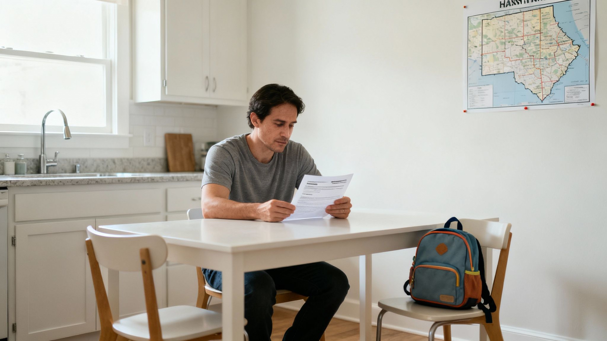 Man reading custody-related documents at a kitchen table with a backpack nearby, symbolizing family and parental responsibilities in custody cases.