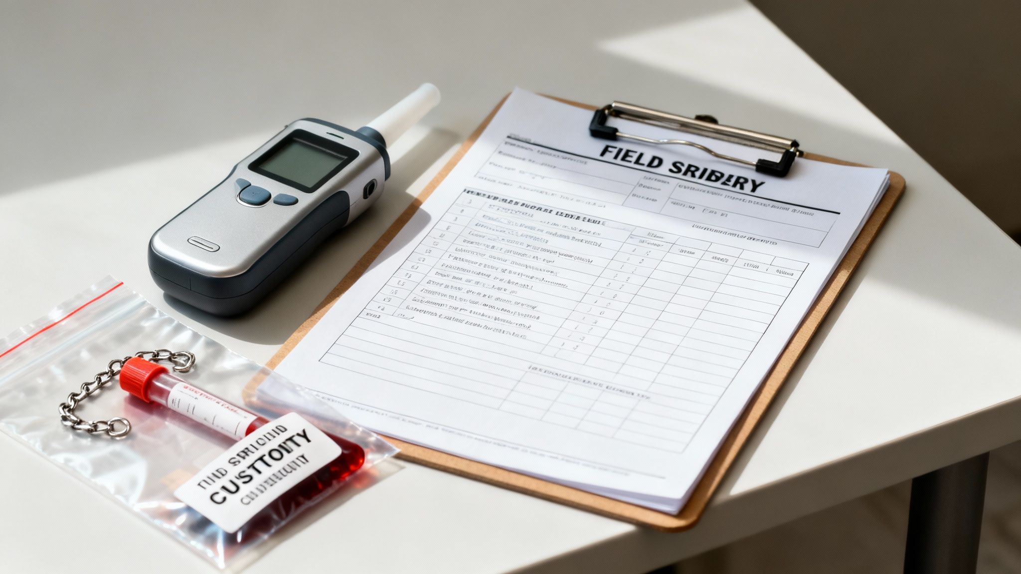 Breathalyzer device and field sobriety test form on a clipboard, with a blood sample in a sealed bag, related to DWI evidence collection in Texas.