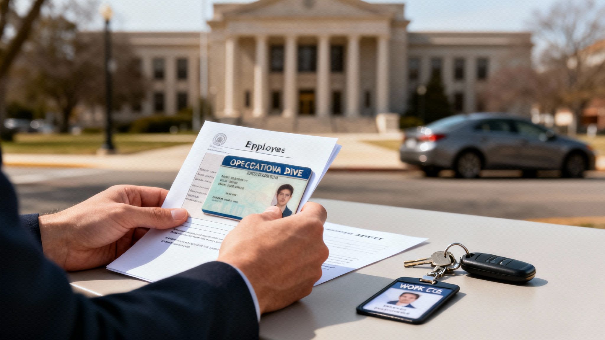Person holding employee ID and documents in front of courthouse, illustrating steps to reinstate a suspended driver's license in Texas.