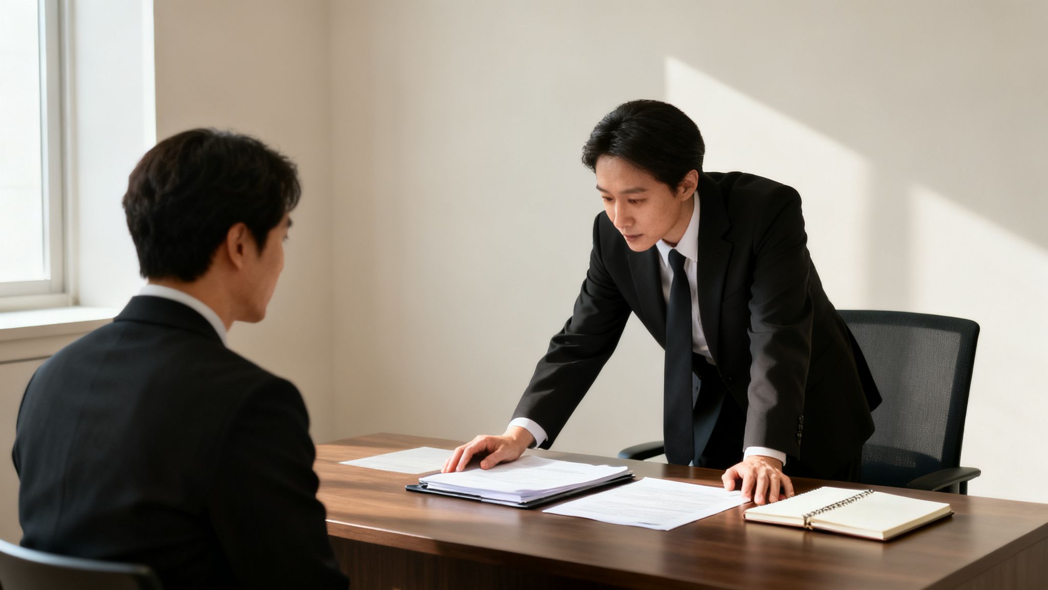 Two Asian men in suits in a professional office setting, reviewing documents at a desk.
