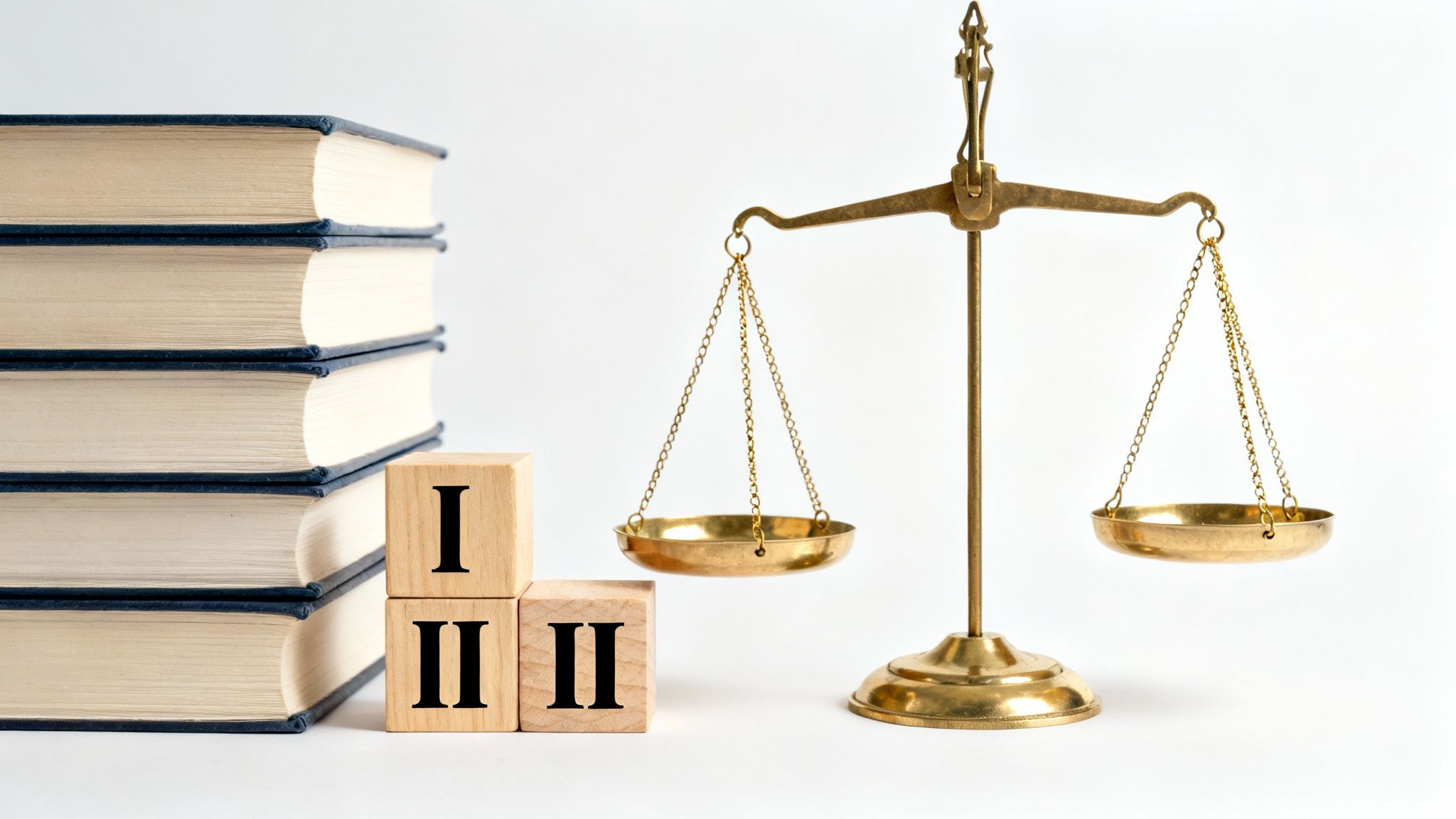Stack of law books, wooden blocks with Roman numerals, and a golden justice scale.