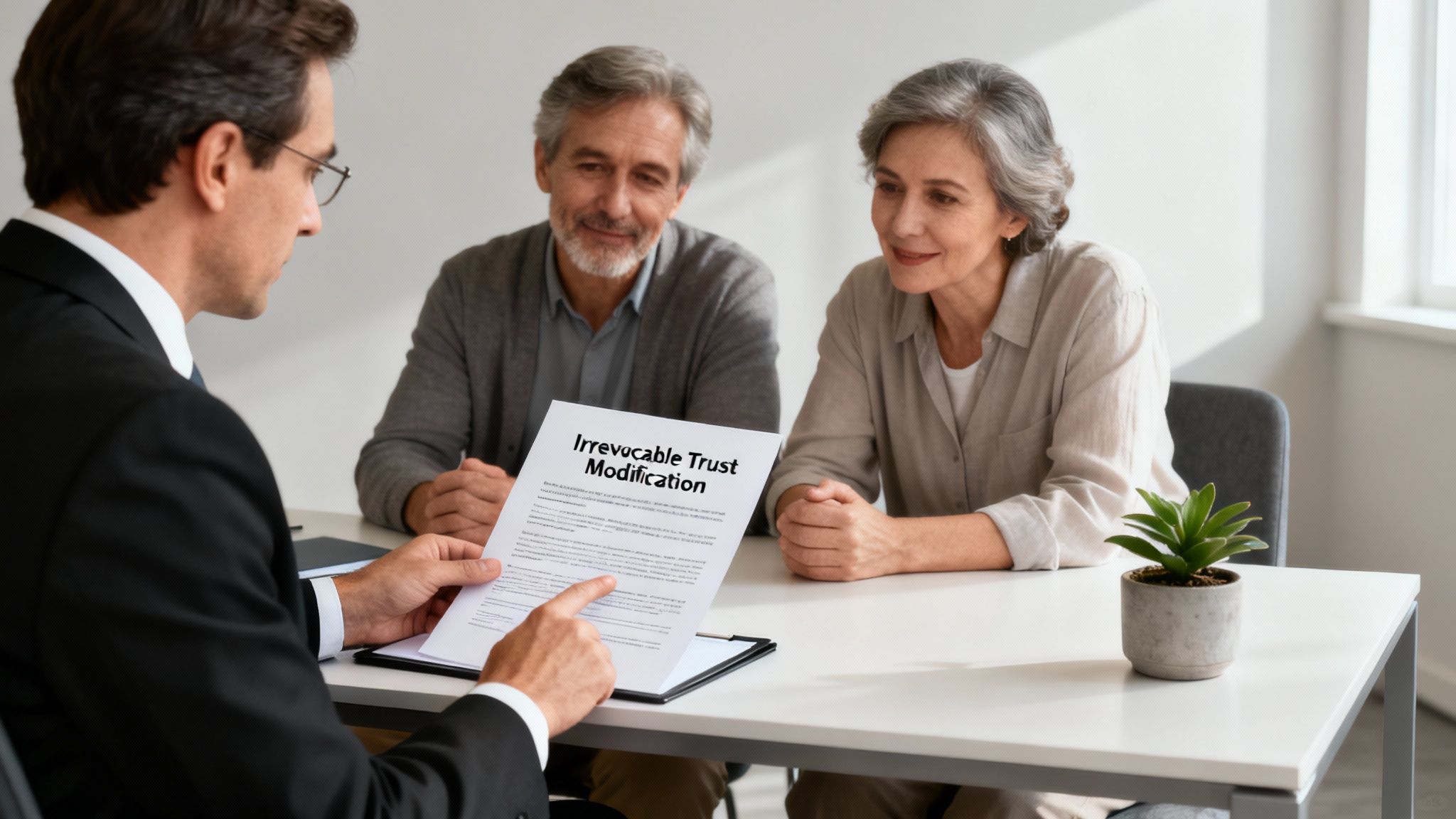 A lawyer explains an "Irrevocable Trust Modification" document to an attentive senior couple at a desk.