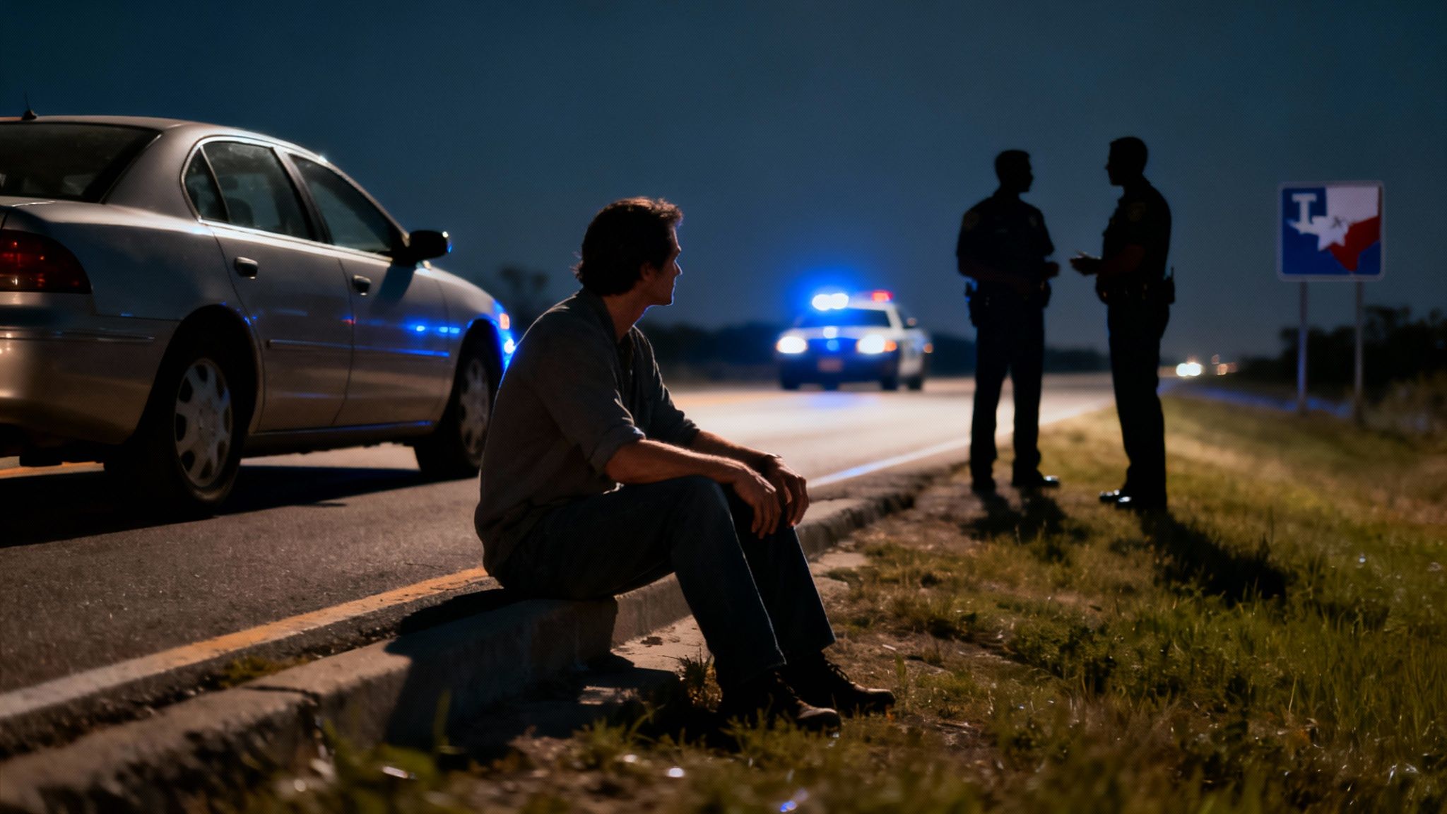 A man sits on a roadside curb at night during a police stop, with patrol cars in the distance.