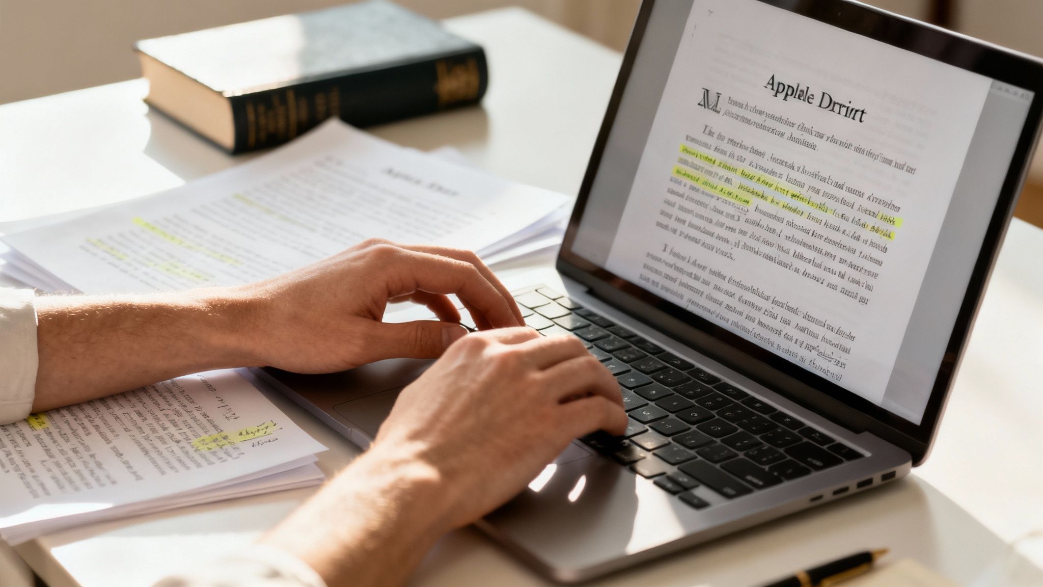 A person carefully reviewing legal documents and writing in a notebook.
