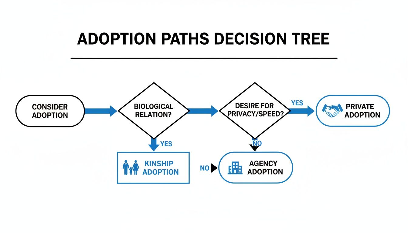 A decision tree flowchart illustrating different adoption paths based on biological relation and desired privacy/speed.