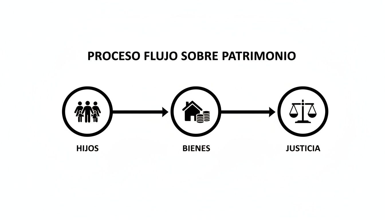 Diagrama de flujo: Hijos, bienes y justicia, representando el proceso de patrimonio familiar.