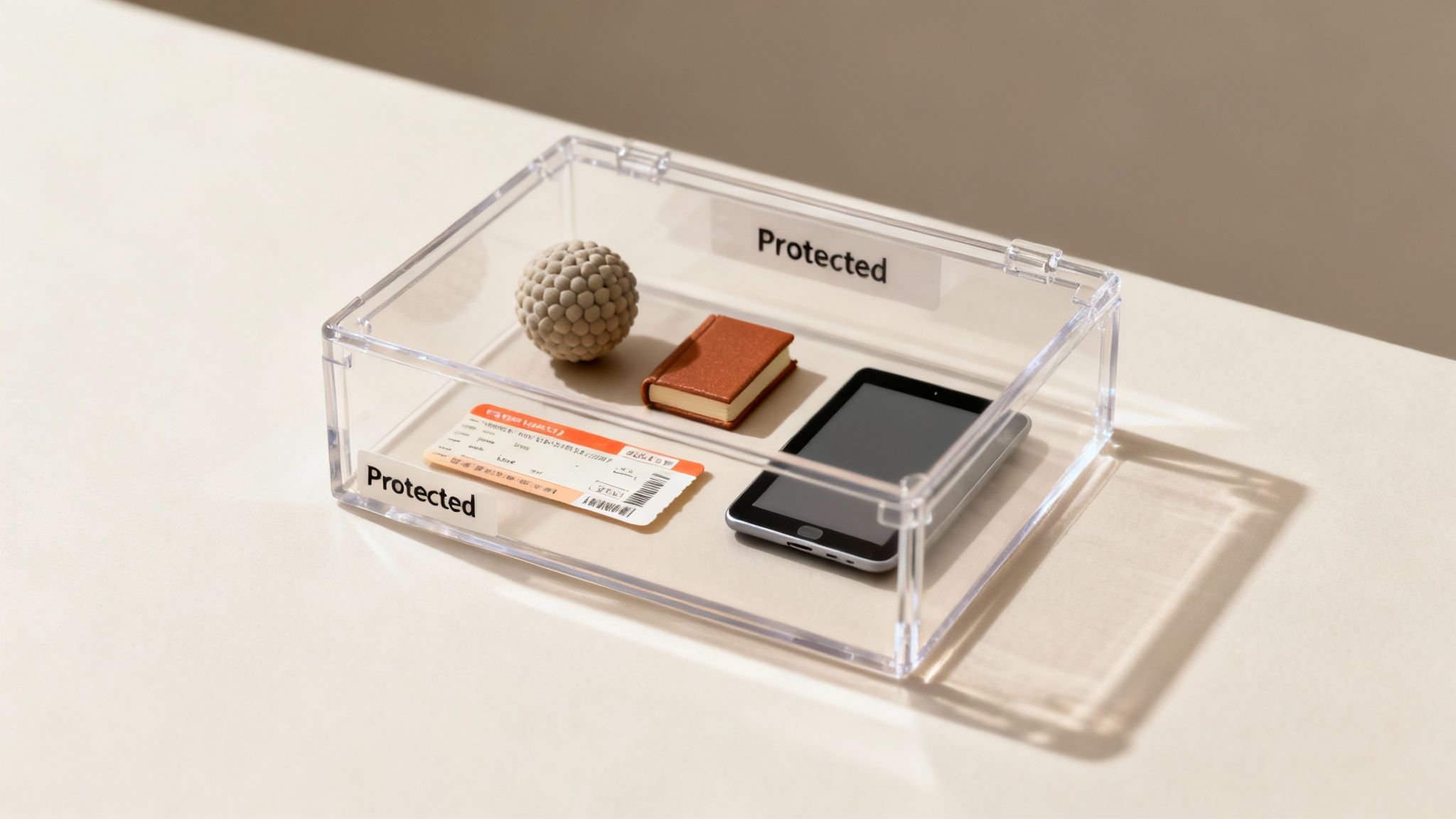 Clear box labeled "Protected" containing a smartphone, small book, ball-shaped object, and a ticket, symbolizing asset protection for special needs trusts in Texas.