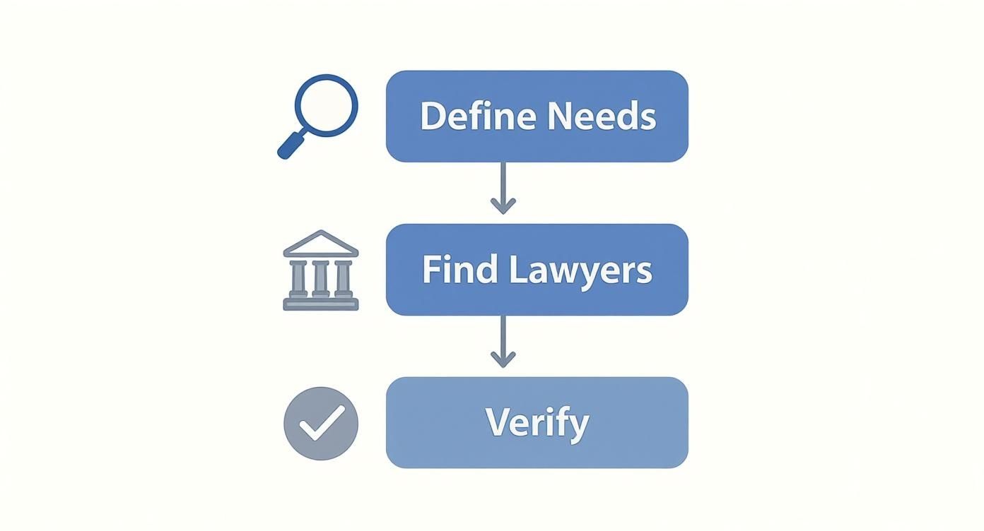 Flowchart illustrating three steps to finding a lawyer: Define Needs, Find Lawyers, and Verify.
