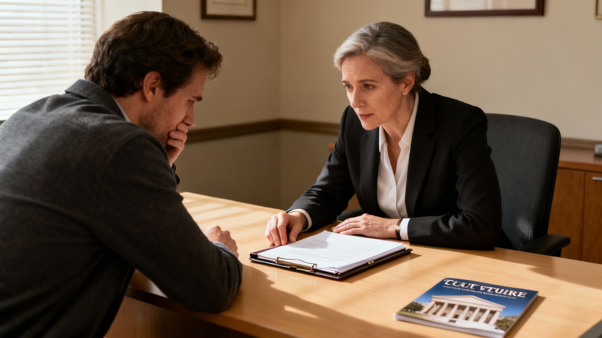 A woman lawyer consults with a distressed man across a desk in a serious office setting.