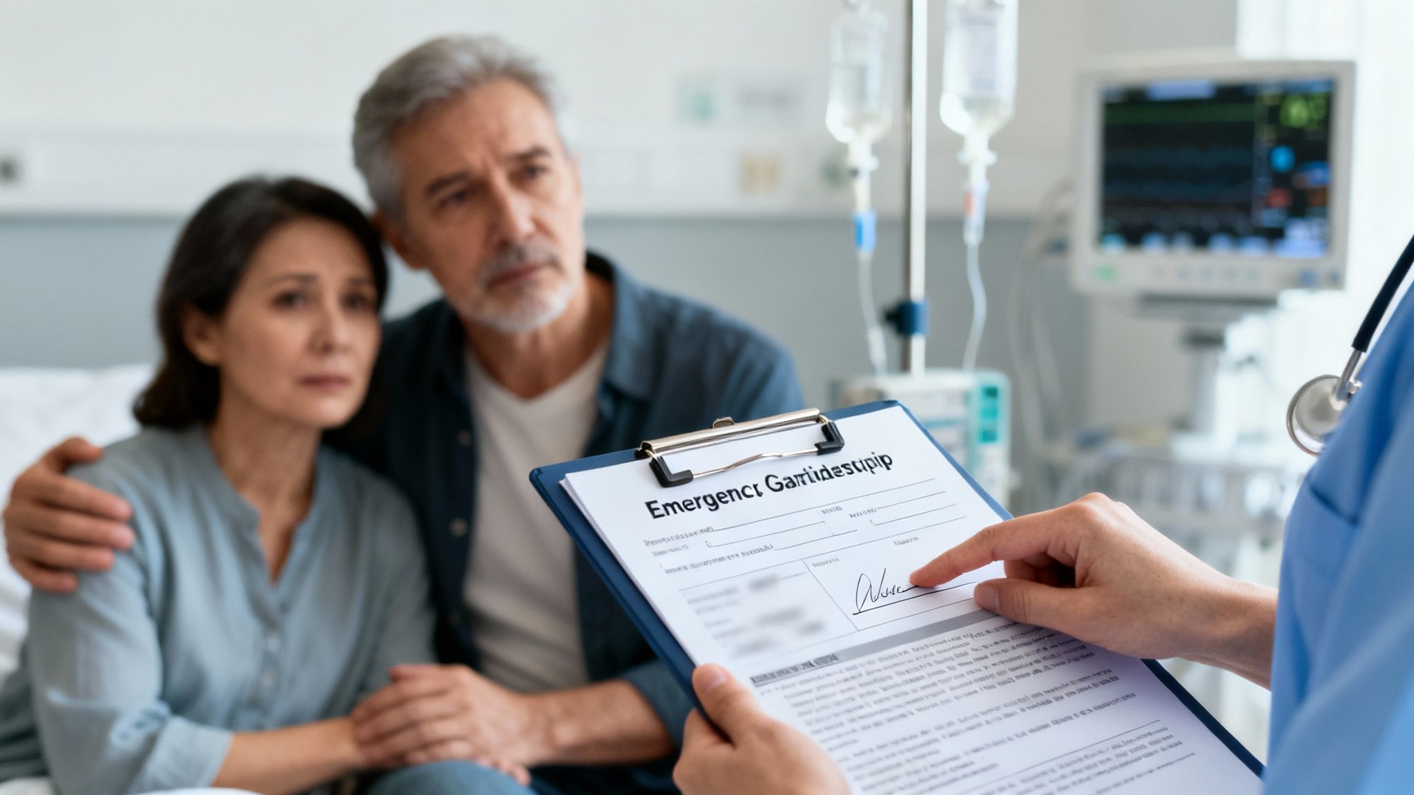 Doctor explains emergency guardianship form to concerned elderly couple in hospital room.