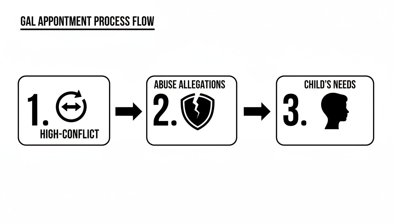Flow chart detailing the GAL appointment process, showing steps for high-conflict, abuse allegations, and child's needs.