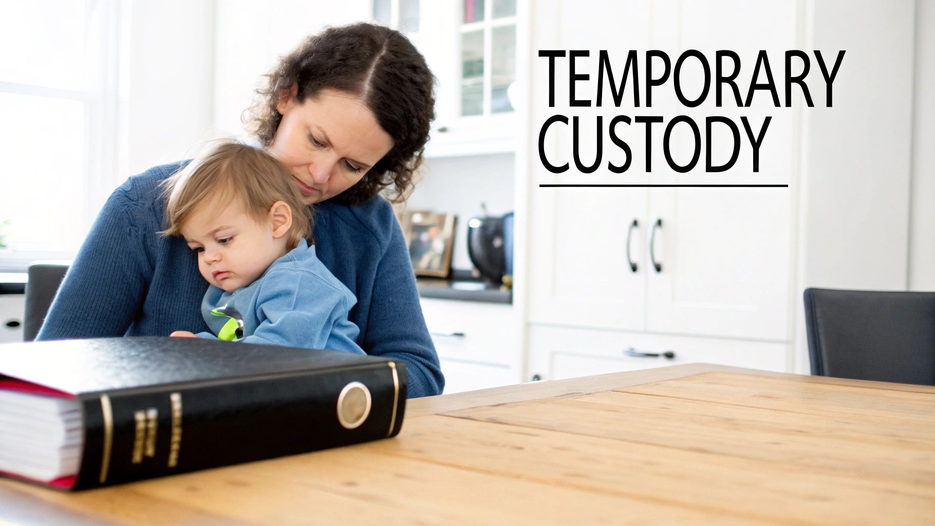 A mother gently holds her young child at a table, with a legal binder nearby, text reads "TEMPORARY CUSTODY".