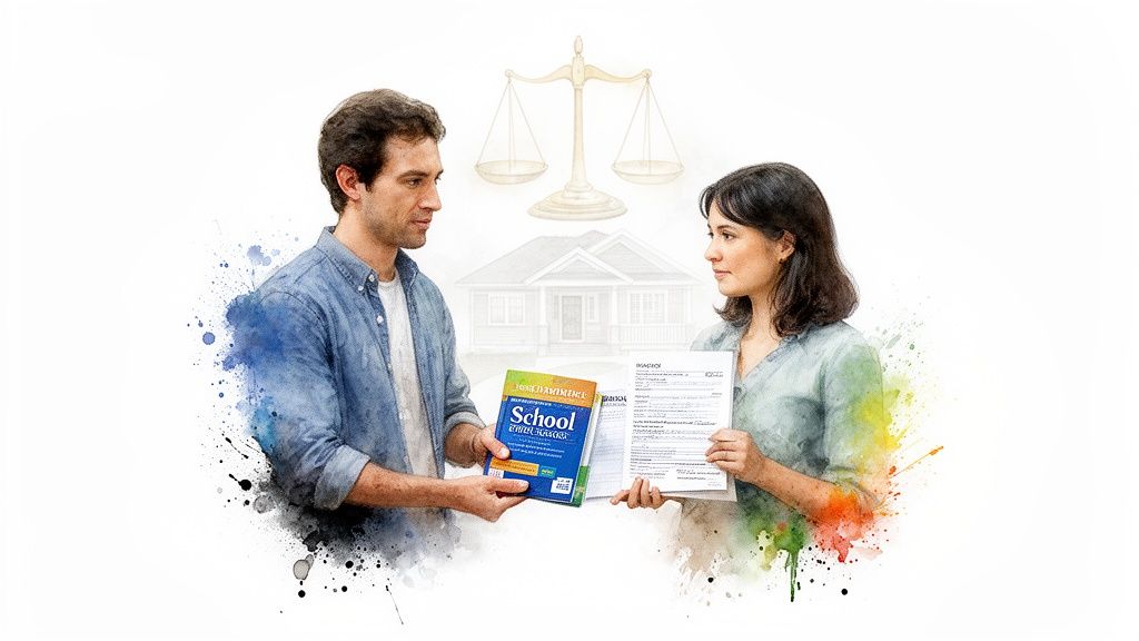 Couple discussing child custody documents, featuring a school binder and legal paperwork, with a house and scales of justice in the background, symbolizing joint managing conservatorship in Texas family law.