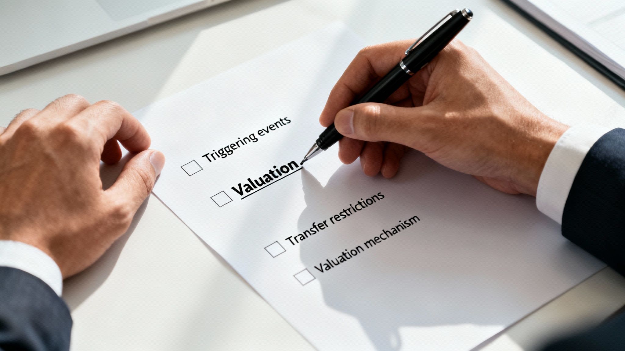 A person's hand checks 'Valuation' on a buy-sell agreement template with a pen.