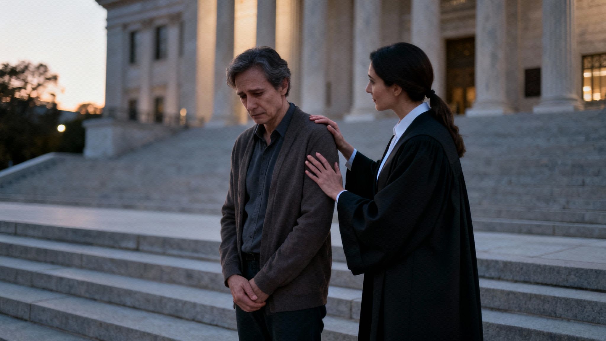 Man looking distressed with a lawyer in a black robe offering support outside a courthouse, symbolizing legal guidance for DWI charges in Texas.