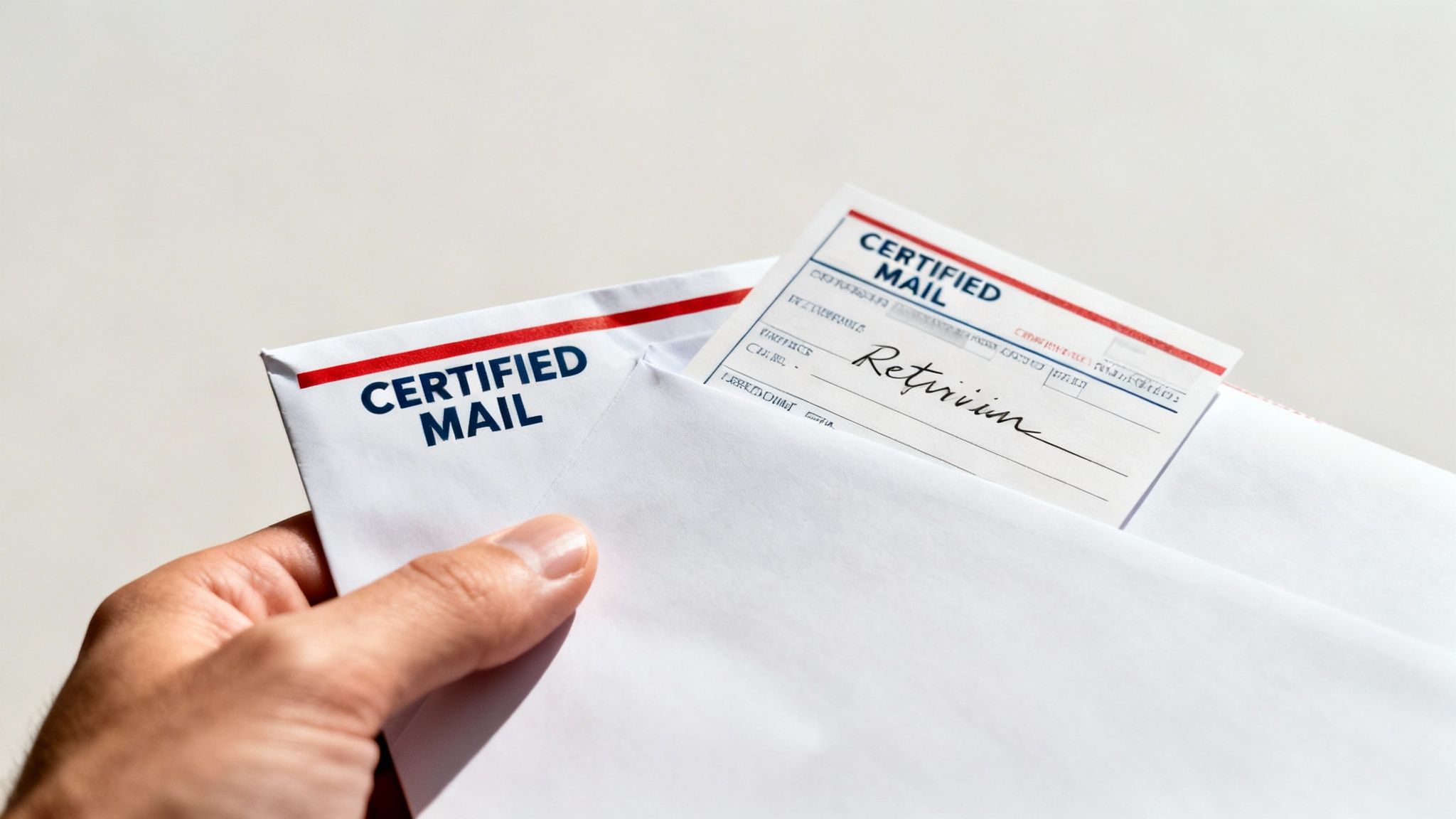Hand holding certified mail envelope and return receipt form for legal document delivery