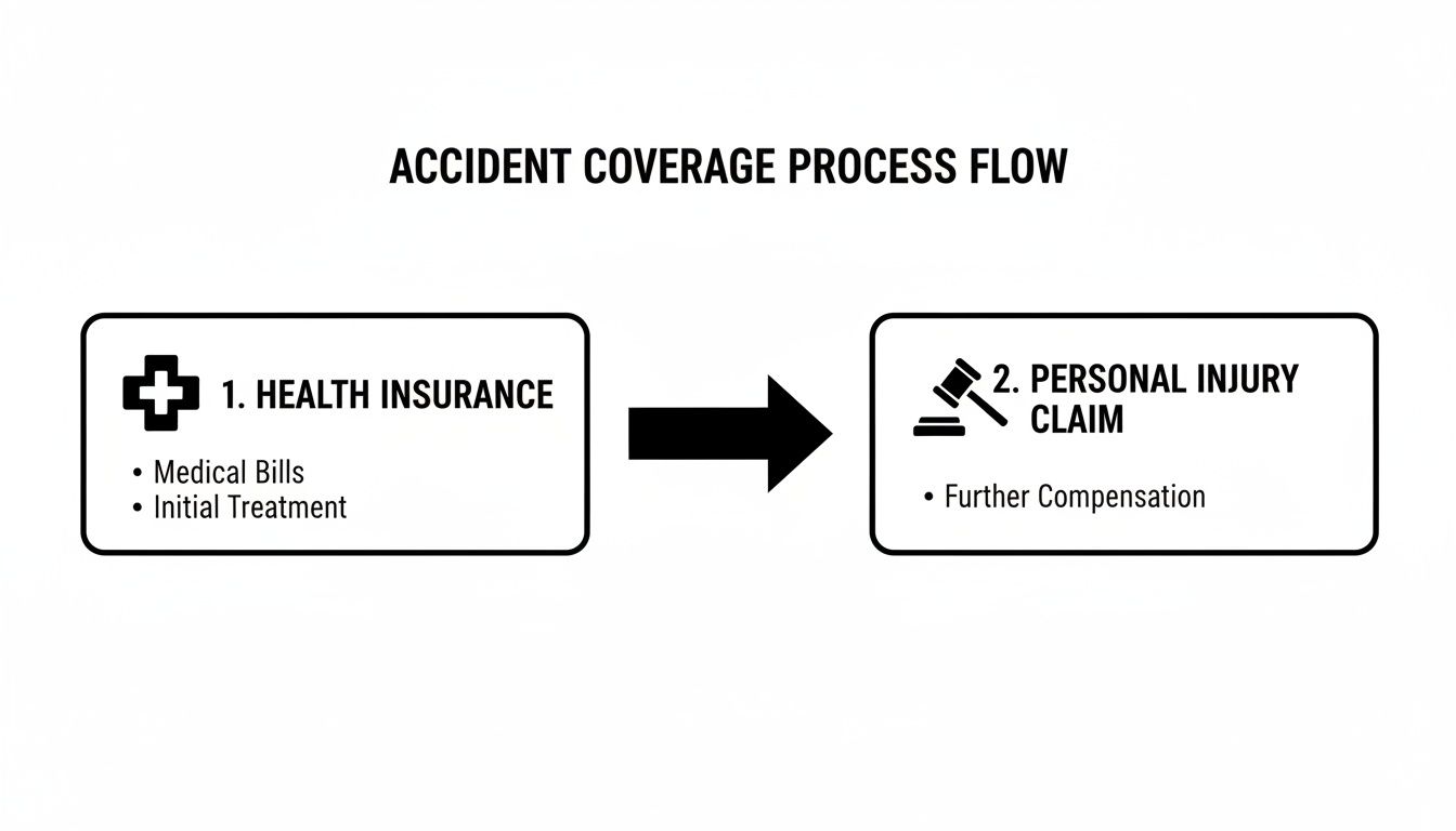 Flowchart illustrating the accident coverage process from health insurance to personal injury claims.