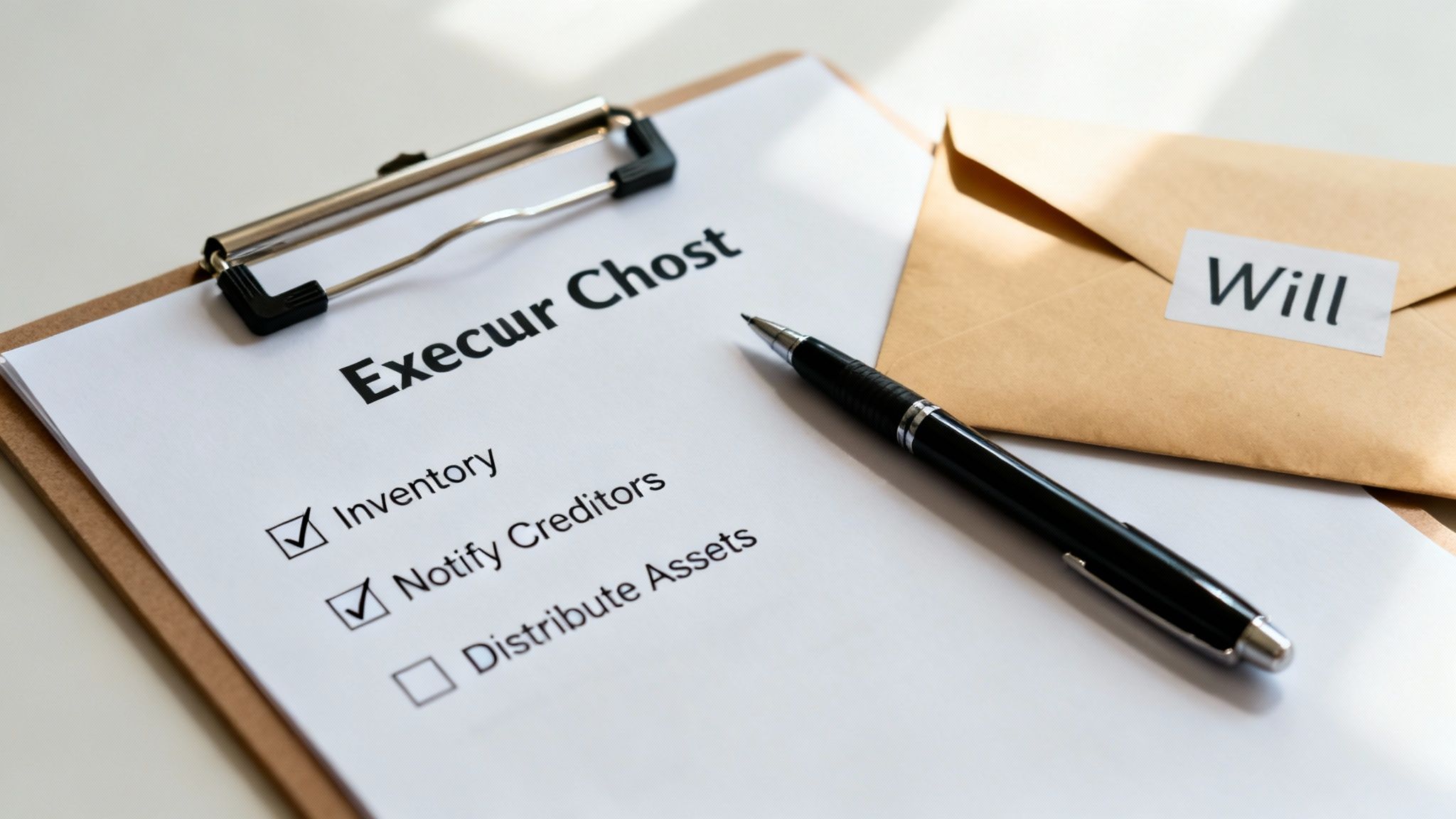 A clipboard with an 'Executor Checklist', a pen, and an envelope labeled 'Will' on a table.