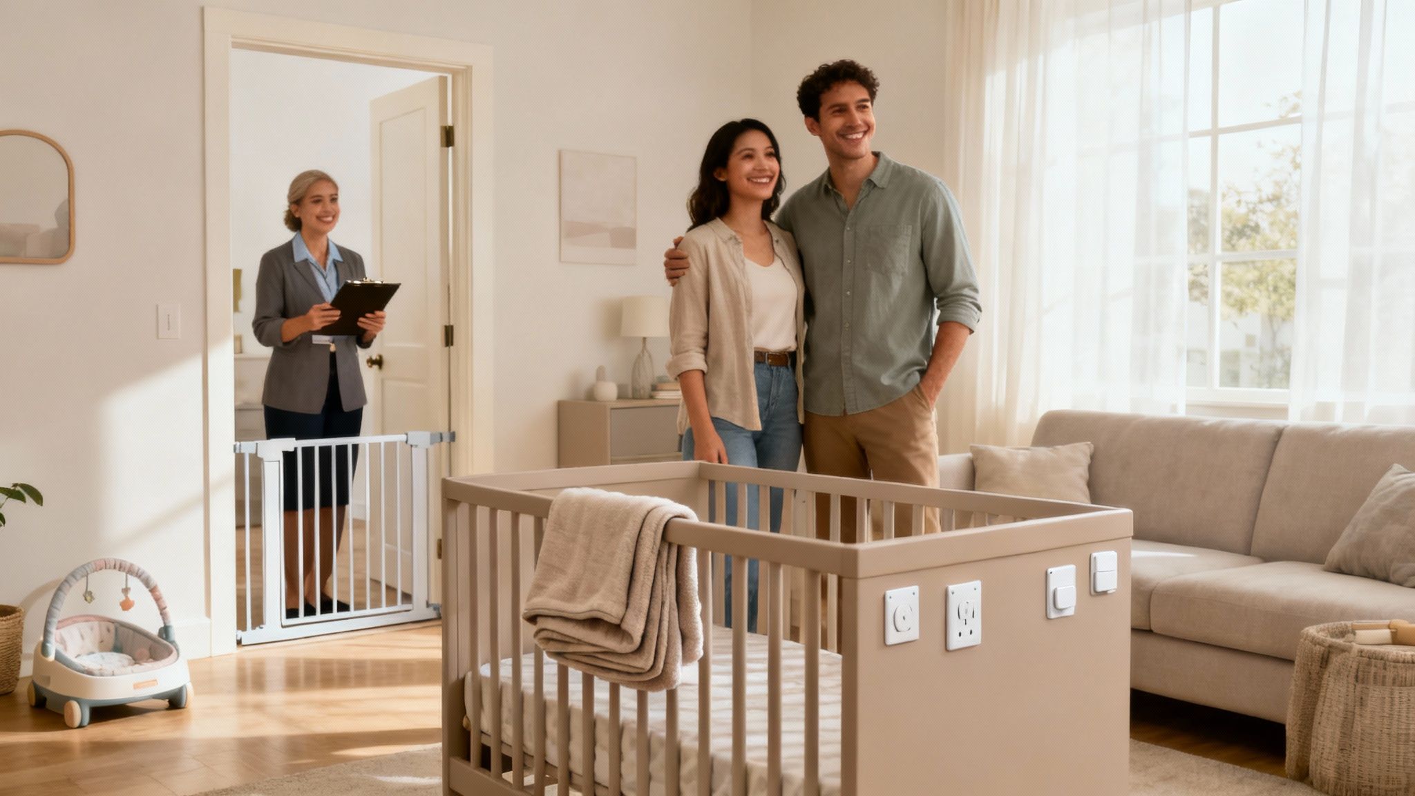 A family smiling and holding their newly adopted newborn baby.