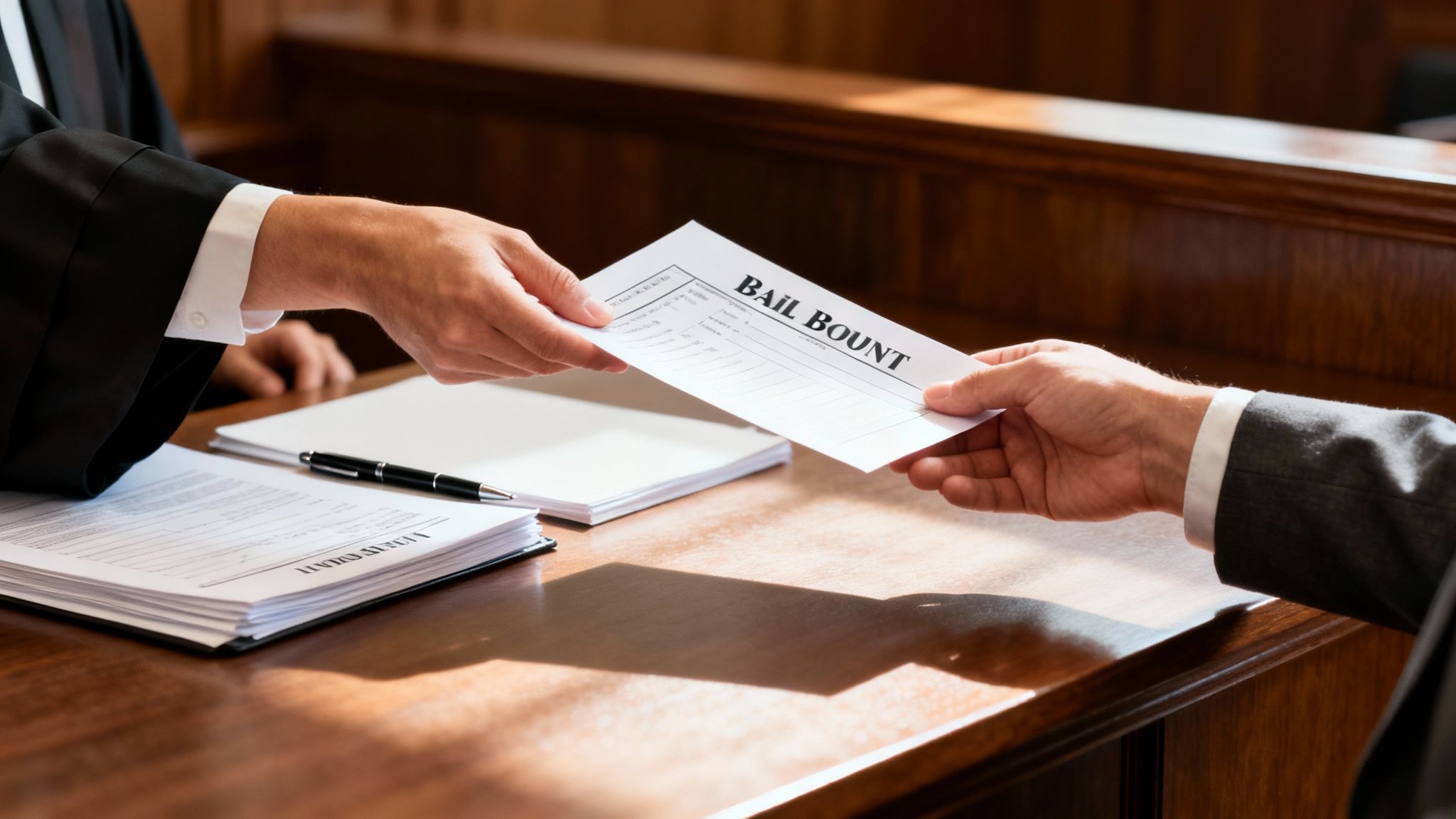 A person in a judicial robe hands a bail bond document to another person across a wooden desk in a courtroom.