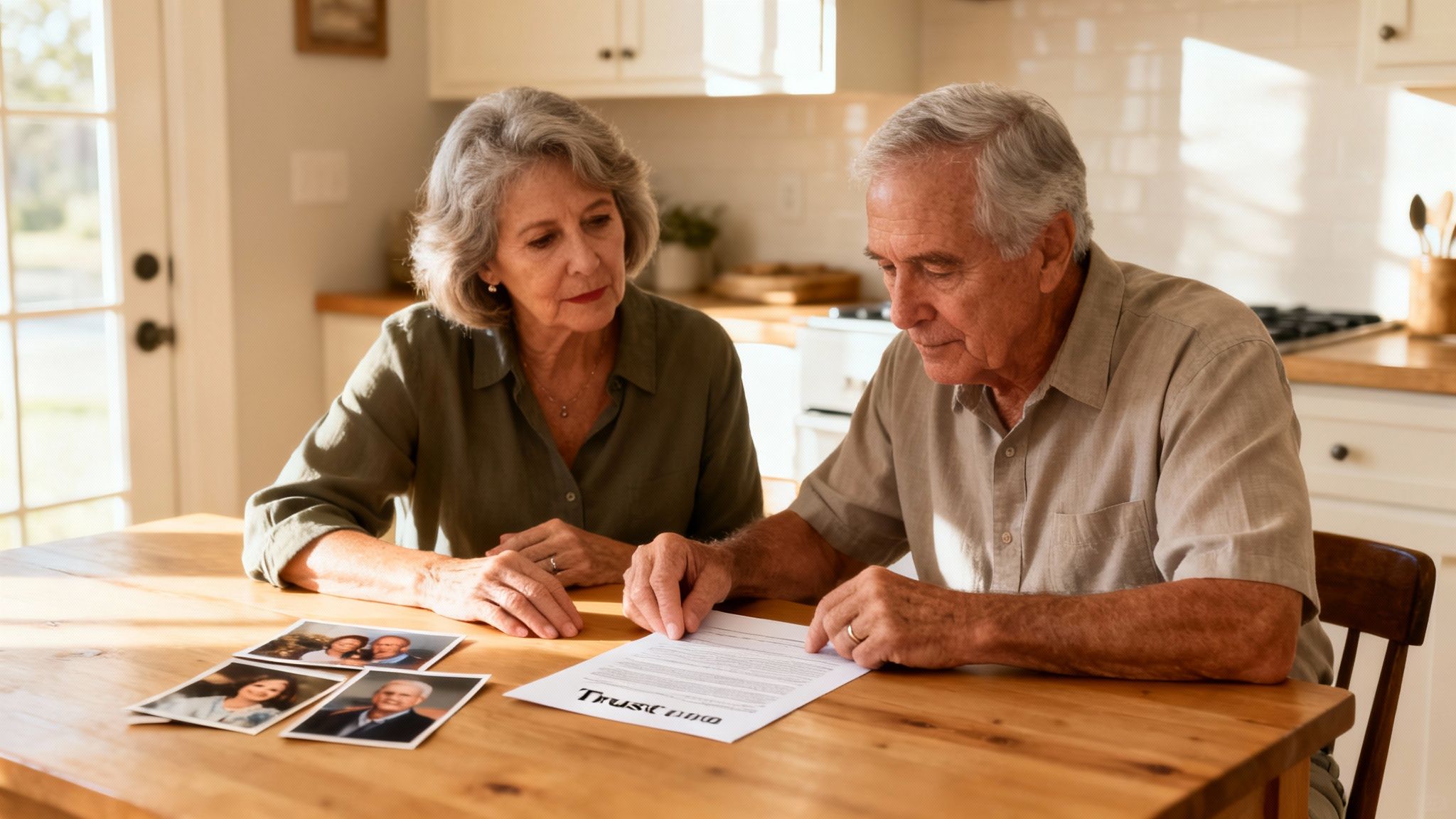 Elderly couple reviewing trust documents at kitchen table with family photos, emphasizing the importance of amending a trust in Texas.