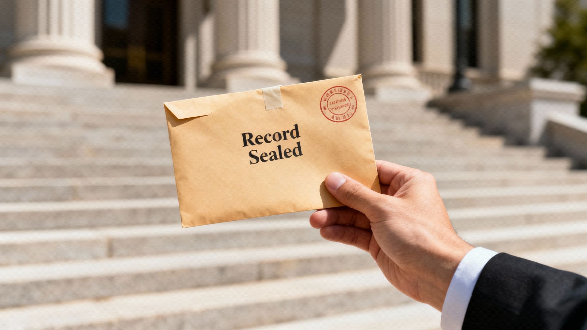 A hand in a suit holds a 'Record Sealed' envelope in front of a courthouse.