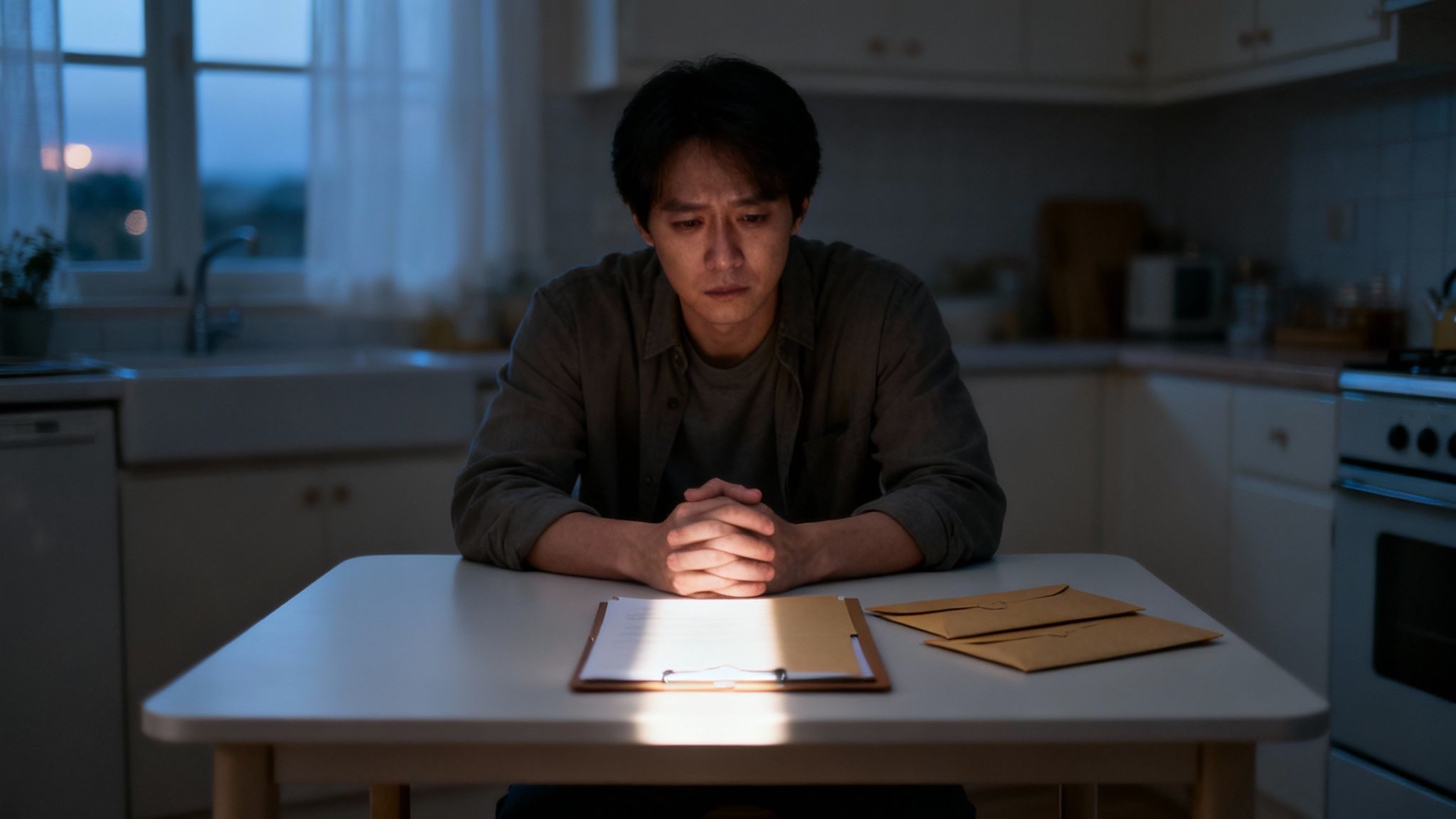 Distressed man sitting at a table with legal documents in a dark kitchen, appearing worried.