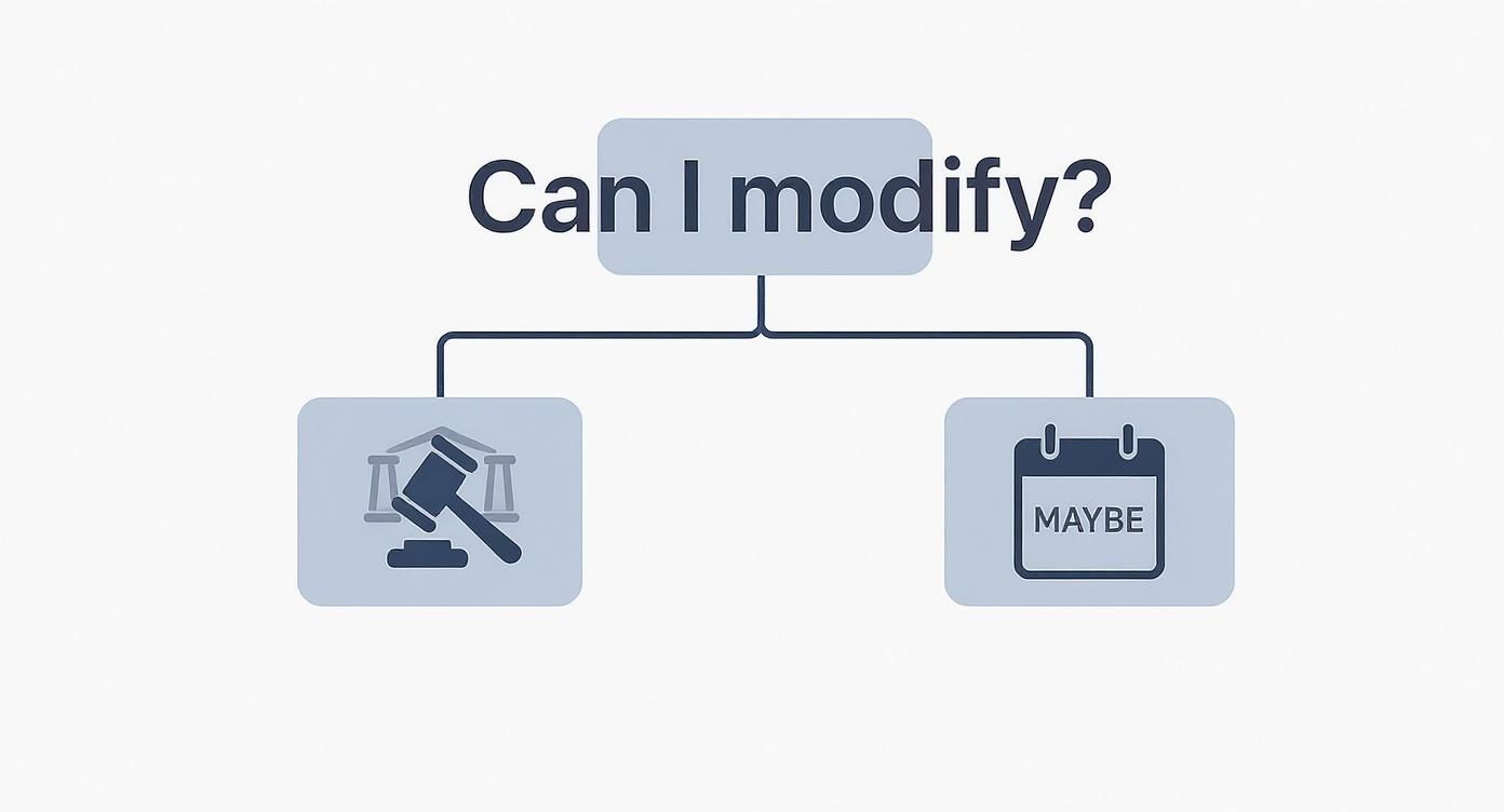 Flowchart asking 'Can I modify?' showing legal implications (gavel) and a calendar with 'MAYBE'.