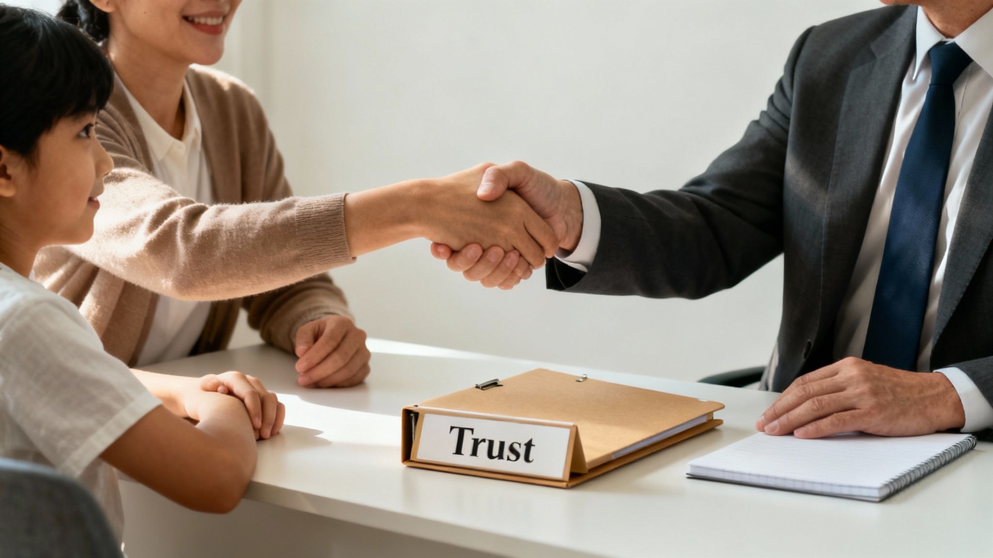 Mother and child engaging with a lawyer, shaking hands over a document labeled "Trust," symbolizing trust administration and estate planning in Texas.