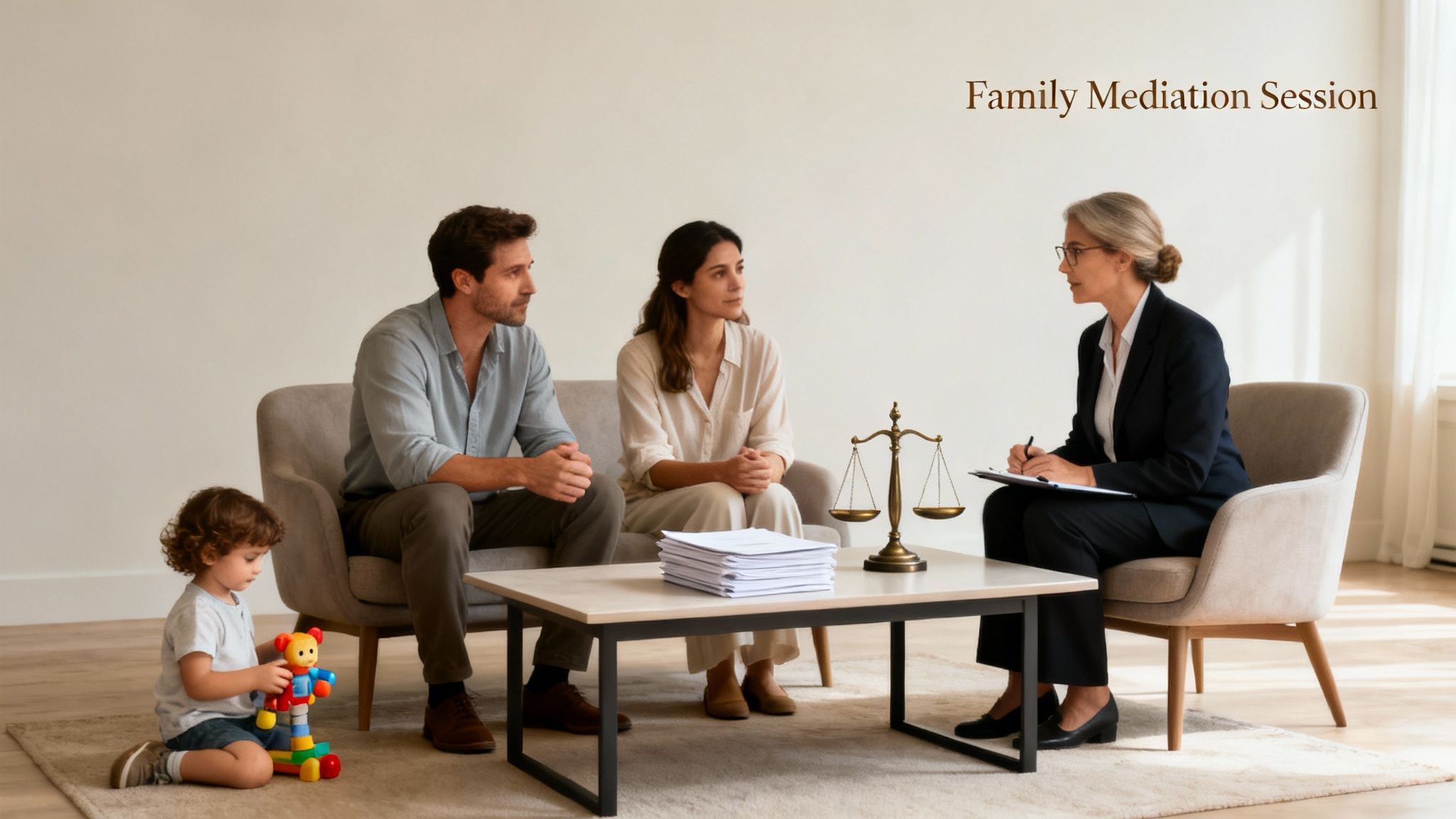 A couple, their child, and a female mediator discuss during a family mediation session.