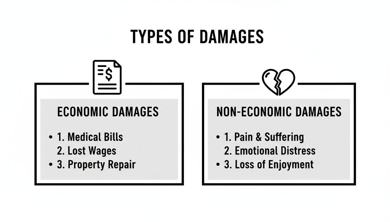 An infographic illustrating types of damages, distinguishing between economic (medical bills) and non-economic (pain and suffering) categories.