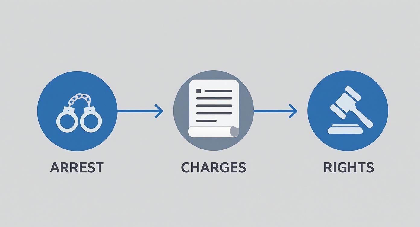Flowchart illustrating the legal process from arrest to charges and rights, emphasizing the arraignment hearing in Texas.