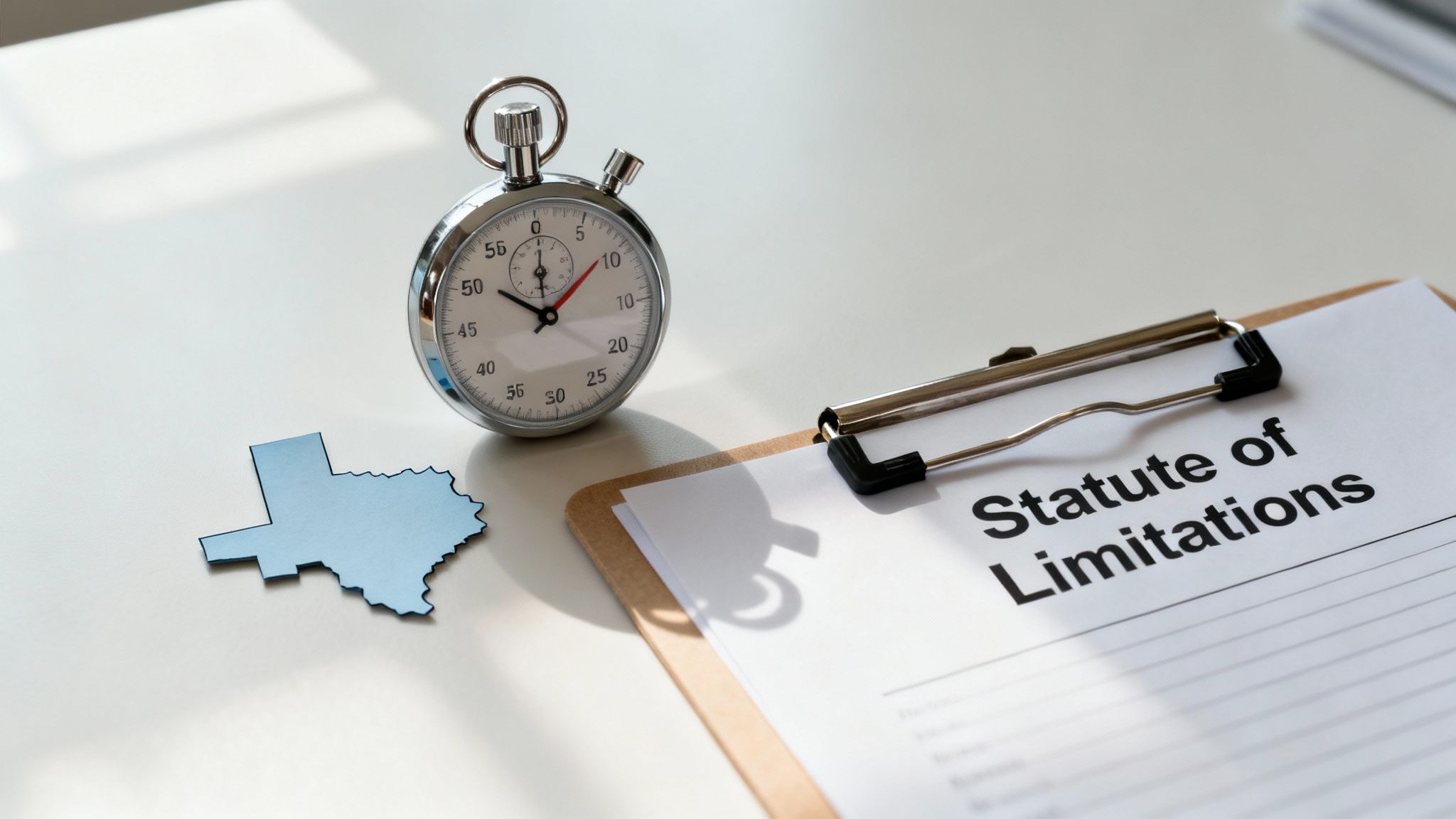 Texas map, stopwatch, and 'Statute of Limitations' document symbolizing legal time limits.