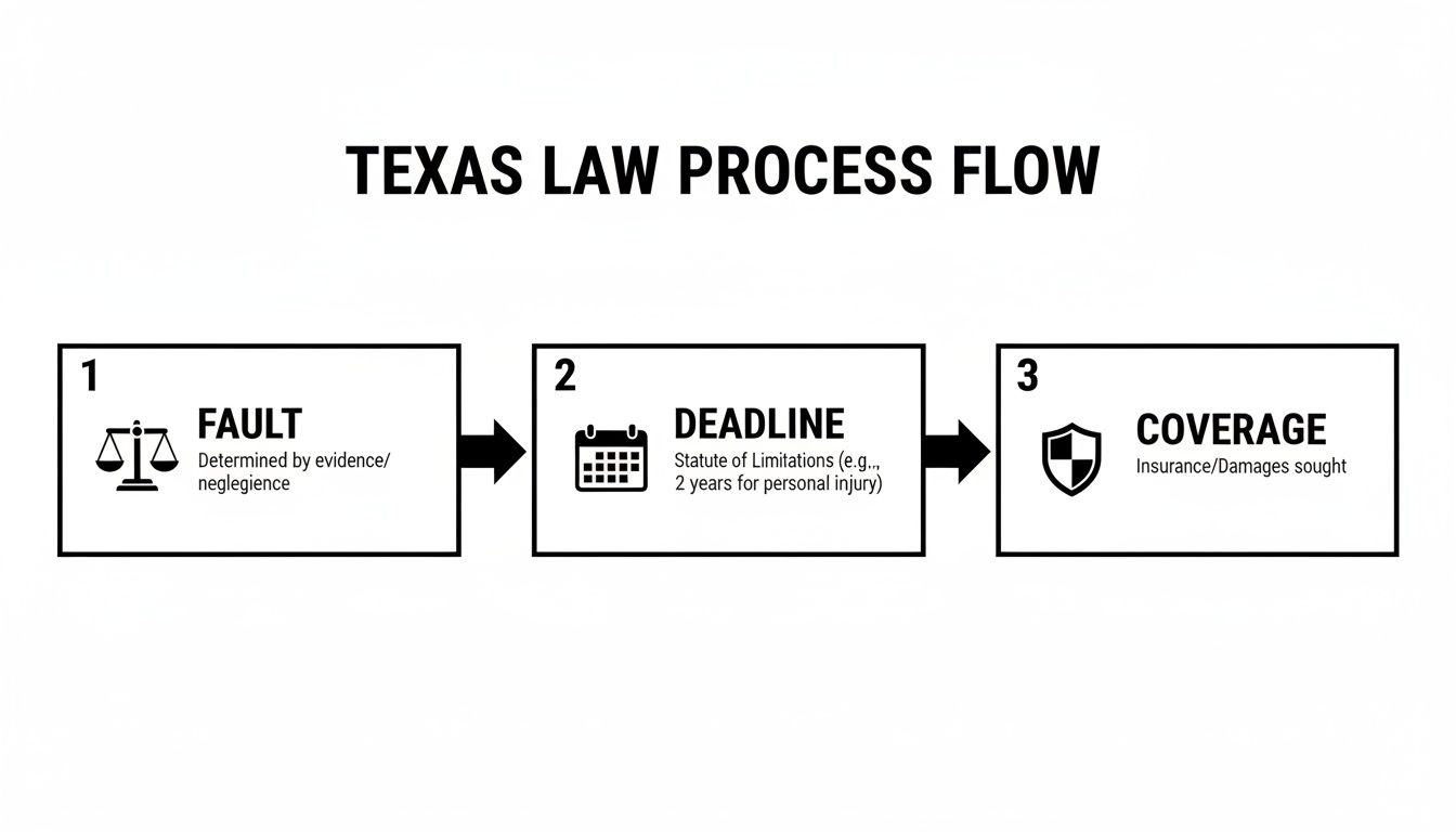 Flowchart showing the Texas law process, covering fault, deadlines, and insurance coverage.