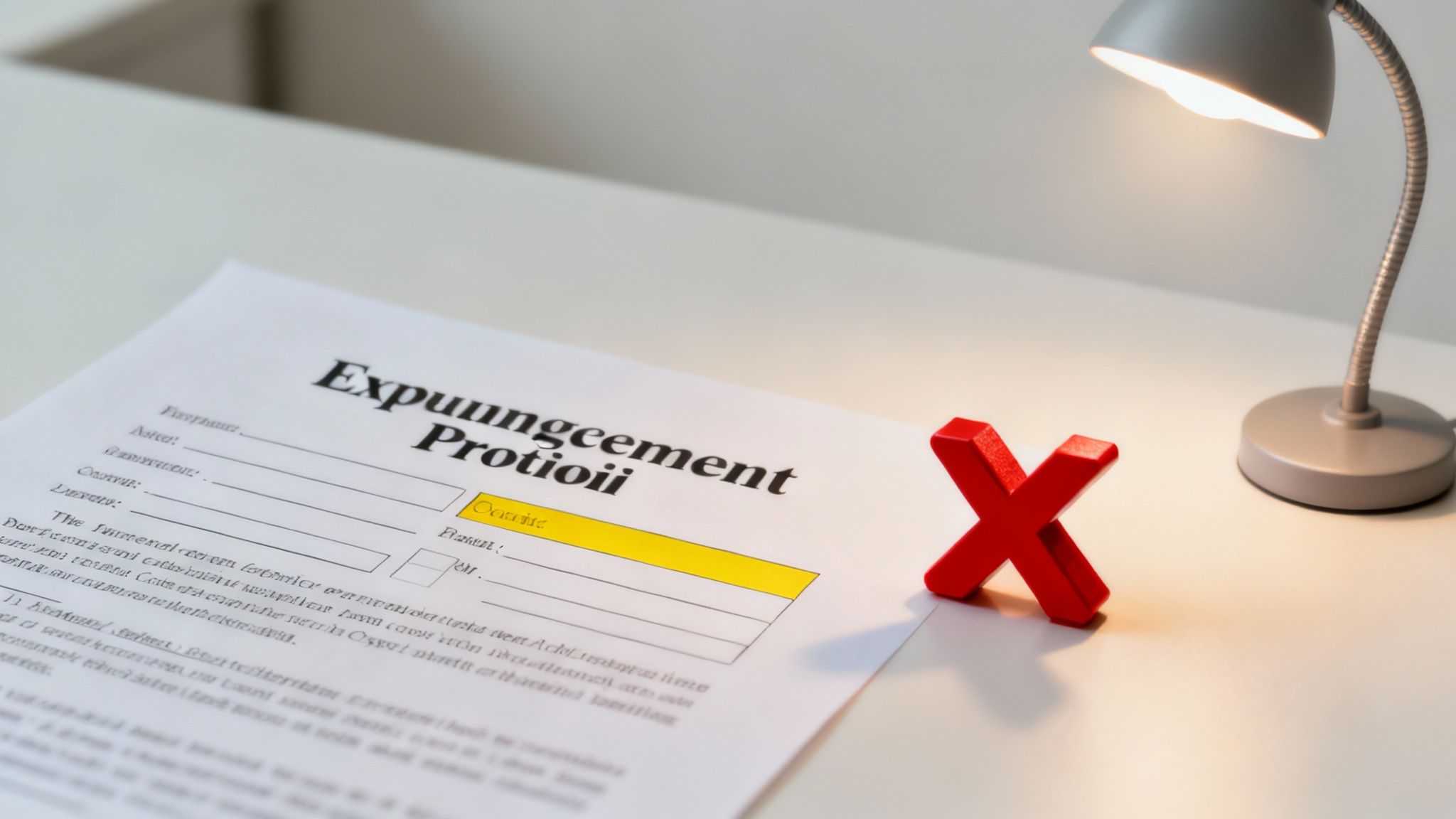 Expungement profile form on desk with red X mark and desk lamp highlighting document