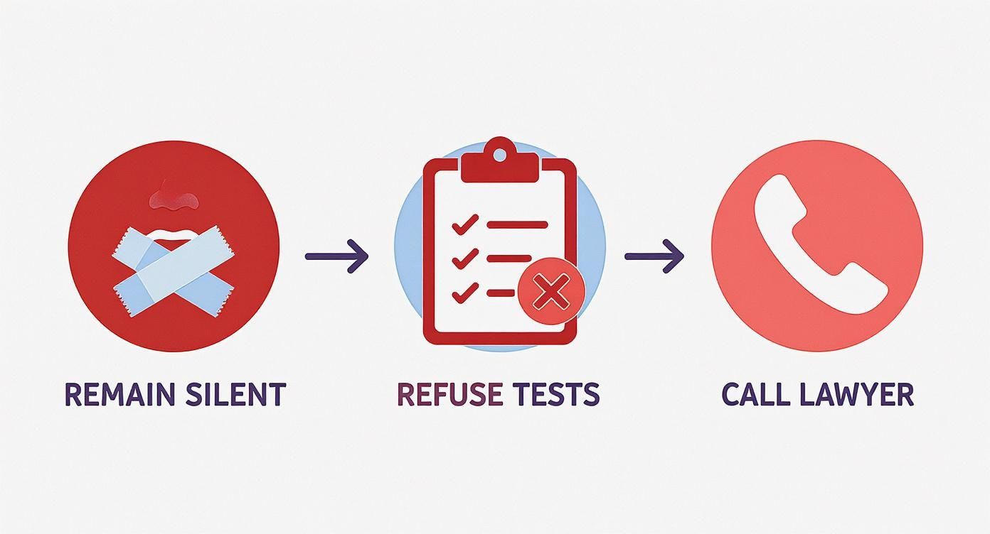 Infographic illustrating three key steps after a DWI arrest: remain silent, refuse tests, and call a lawyer, emphasizing strategic actions to protect driving privileges.