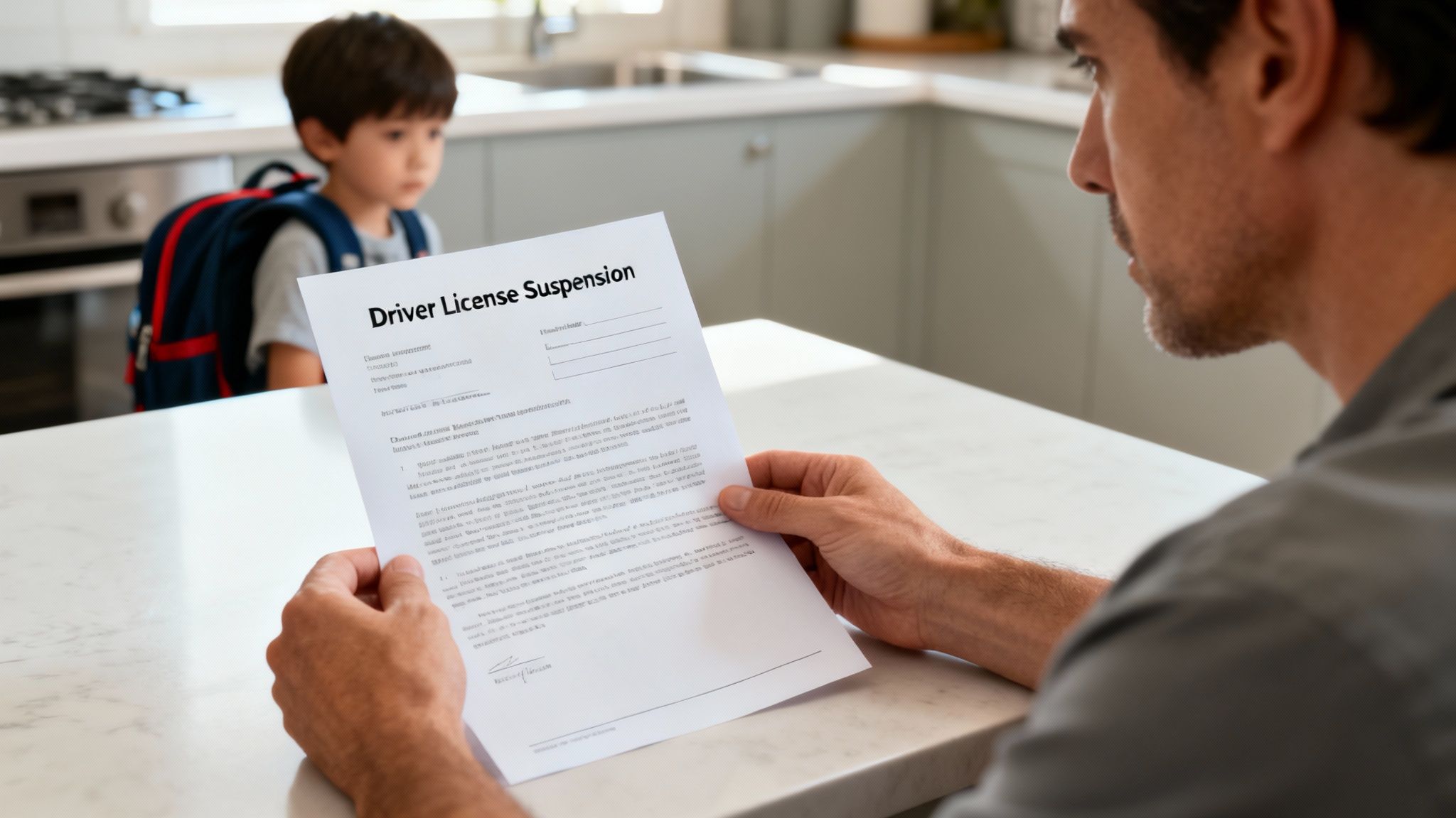 A man holds a 'Driver License Suspension' document, looking at it, with a young boy wearing a backpack out of focus in the background.