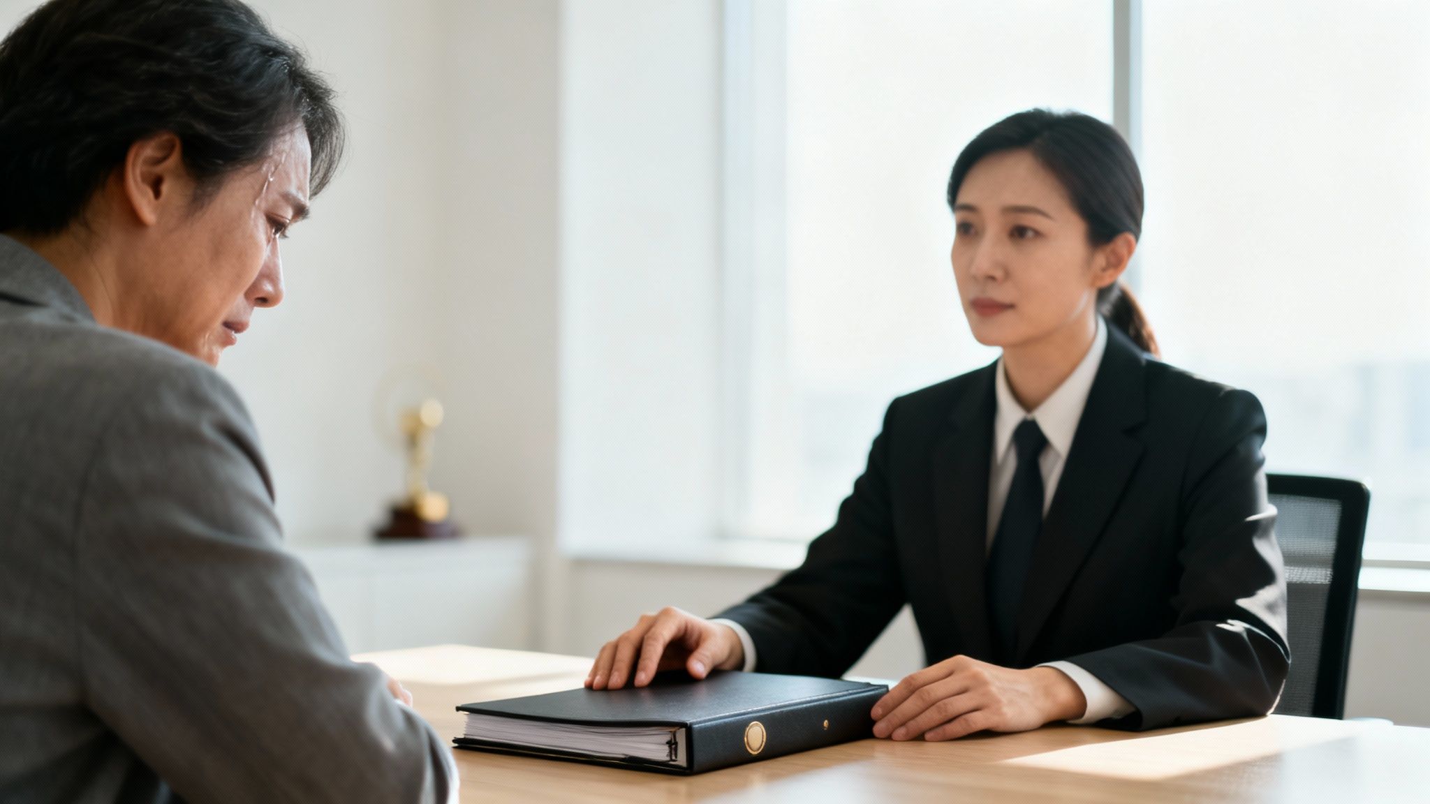 A distressed man with a sweating face faces a calm, professional woman across a table.