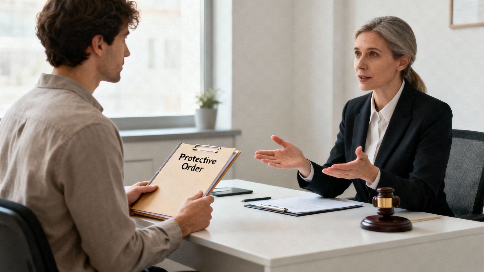A man consults with a female lawyer about a protective order in an office setting.